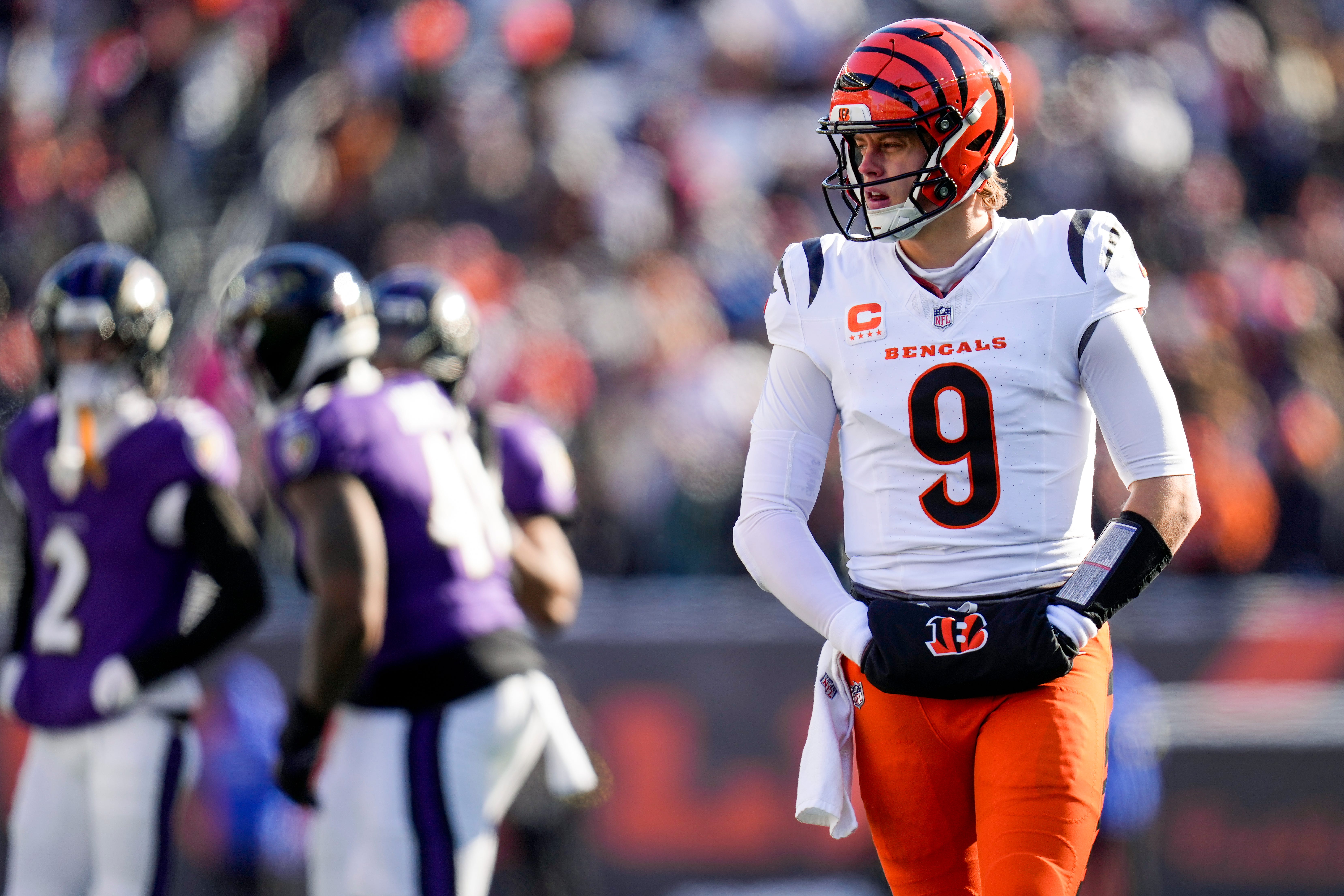 Cincinnati Bengals quarterback Joe Burrow (9) paces between plays in the first quarter of the NFL Week 15 game between the Cincinnati Bengals and the Baltimore Ravens at Paycor Stadium in Cincinnati on Sunday, Dec. 14, 2025.