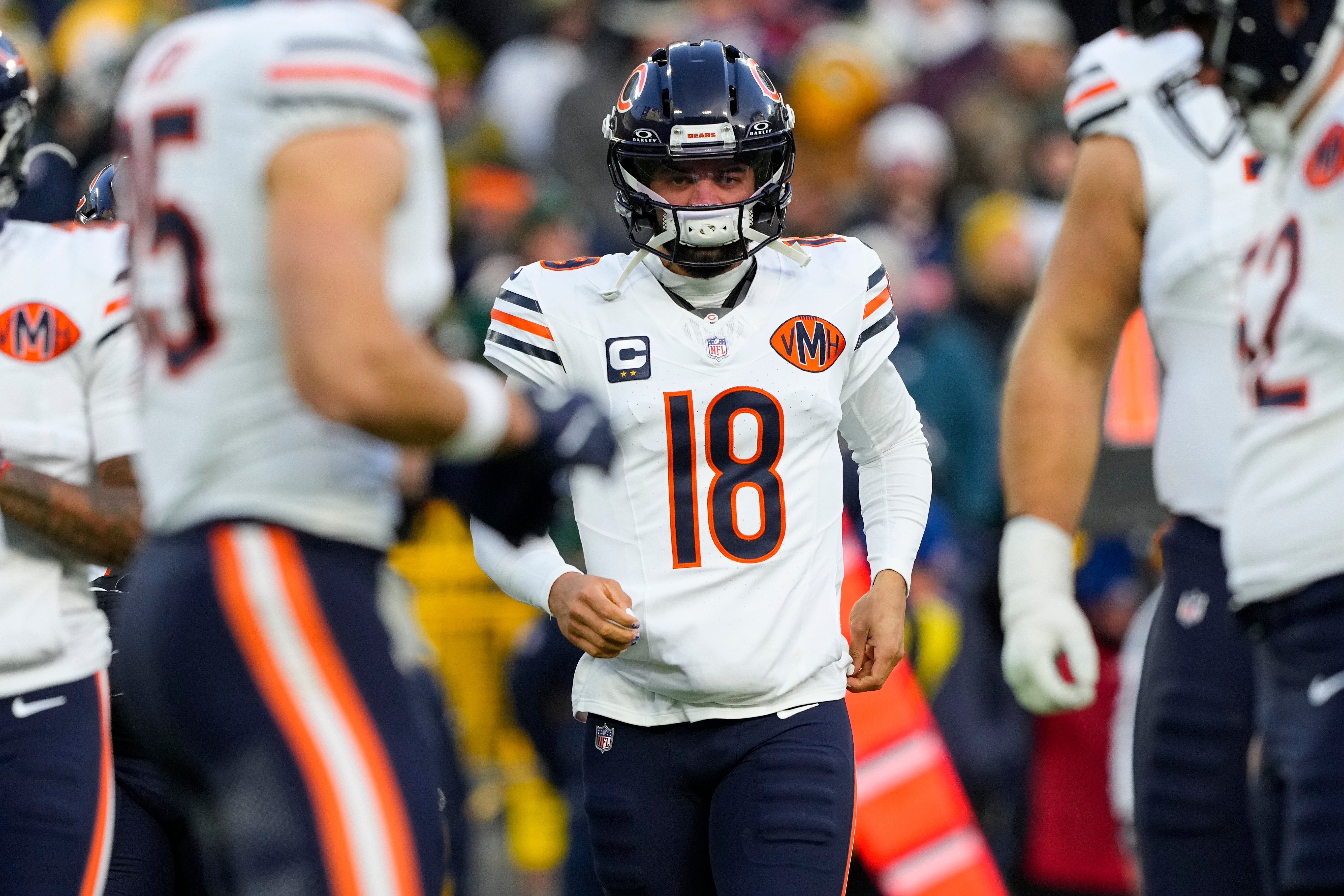 Dec 7, 2025; Green Bay, Wisconsin, USA; Chicago Bears quarterback Caleb Williams (18) during the game against the Green Bay Packers at Lambeau Field.