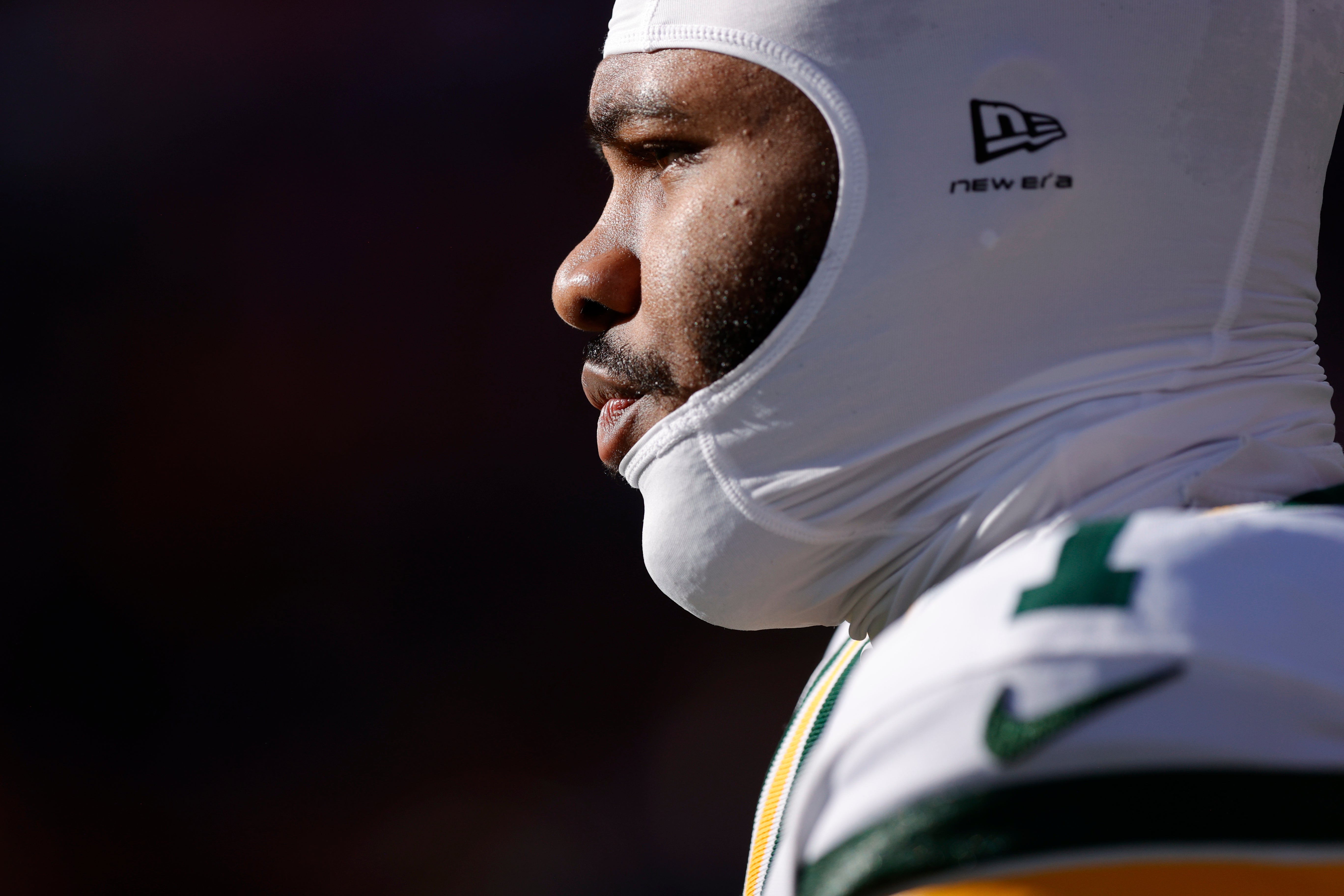 Dec 14, 2025; Denver, Colorado, USA; Green Bay Packers defensive end Micah Parsons (1) warms up before a game against the Denver Broncos at Empower Field at Mile High.