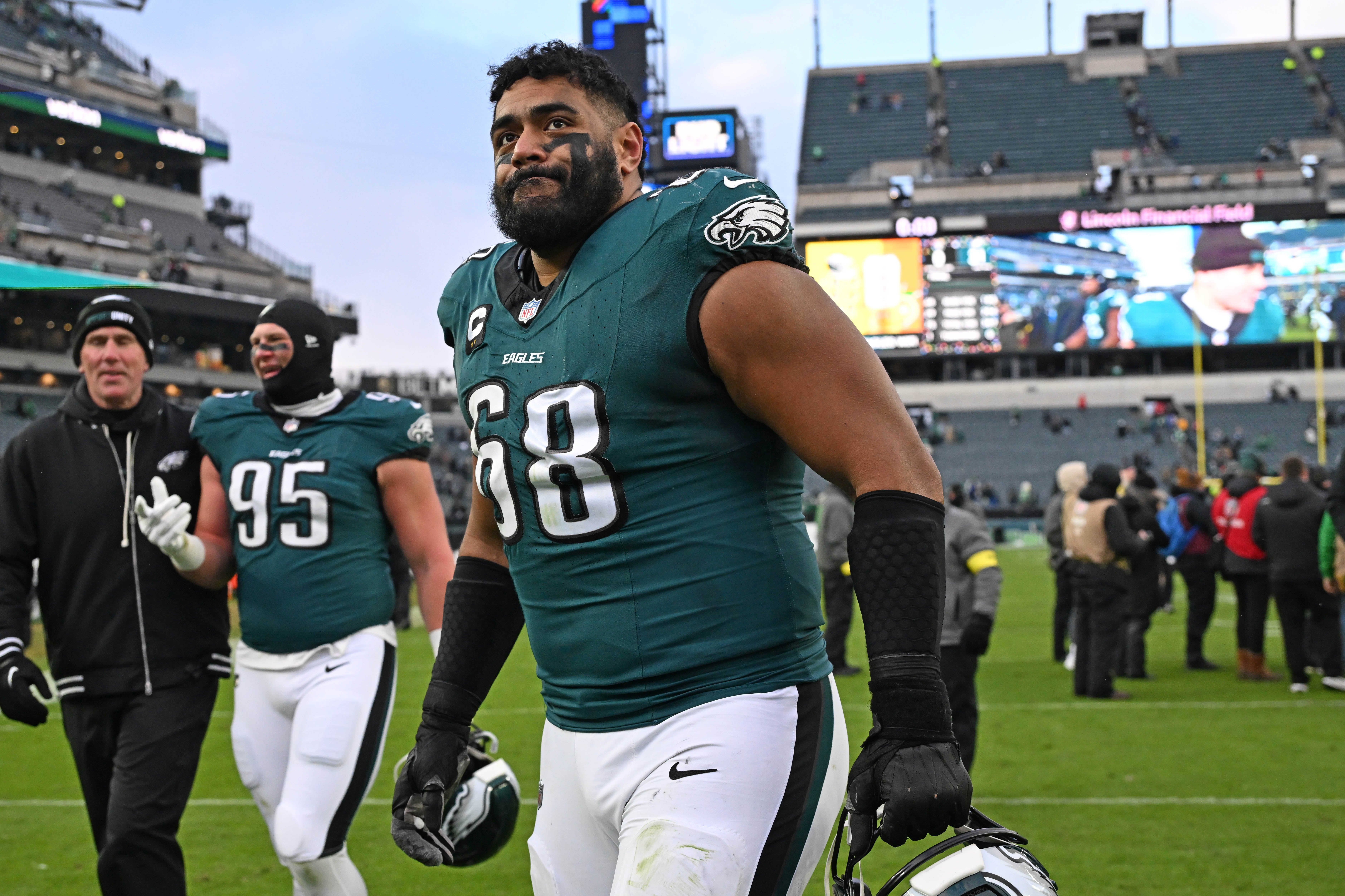 Dec 14, 2025; Philadelphia, Pennsylvania, USA; Philadelphia Eagles offensive tackle Jordan Mailata (68) walks off the field after win against the Las Vegas Raiders at Lincoln Financial Field.