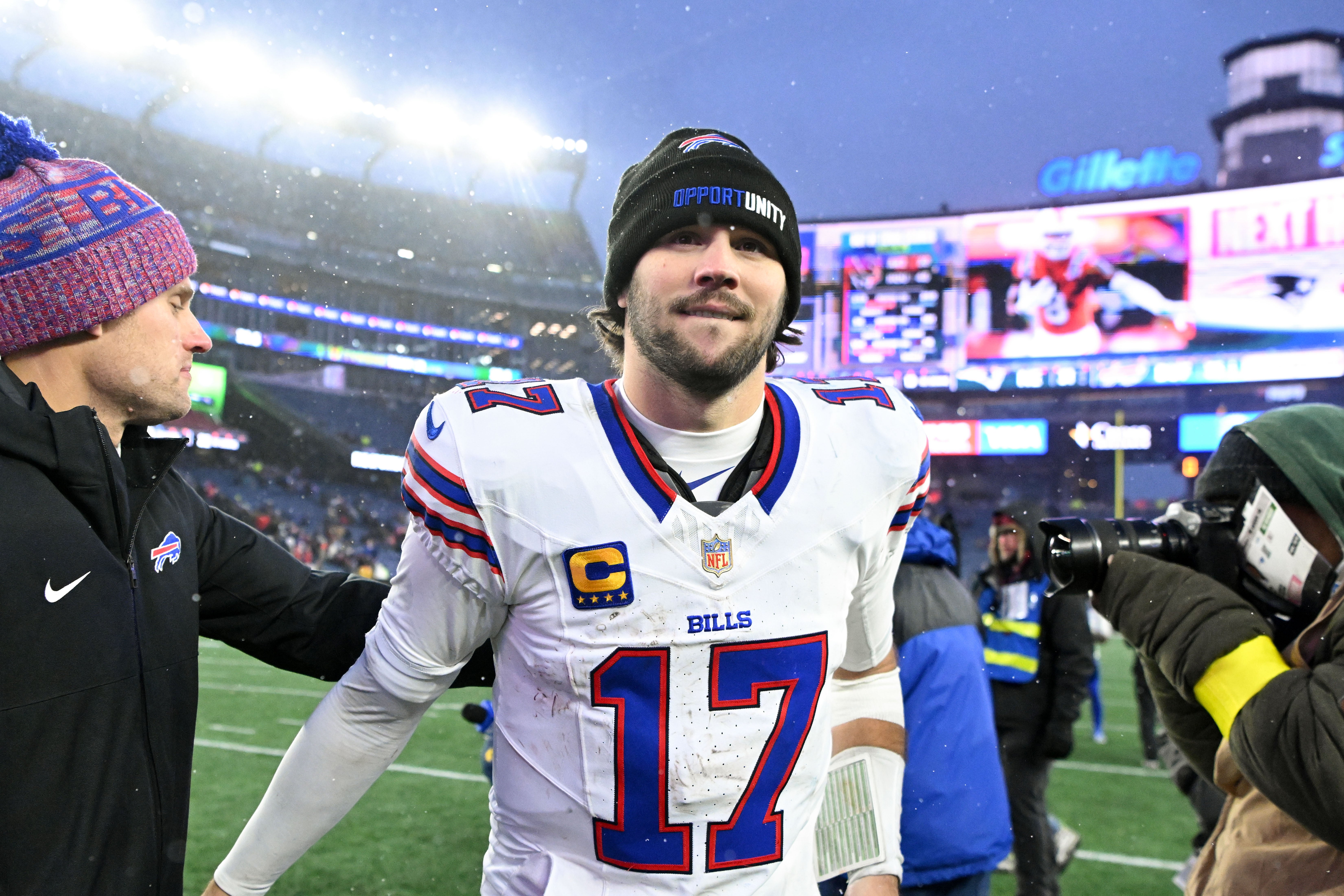 Dec 14, 2025; Foxborough, Massachusetts, USA; Buffalo Bills quarterback Josh Allen (17) walks off of the field after a game against the New England Patriots during the second half at Gillette Stadium.