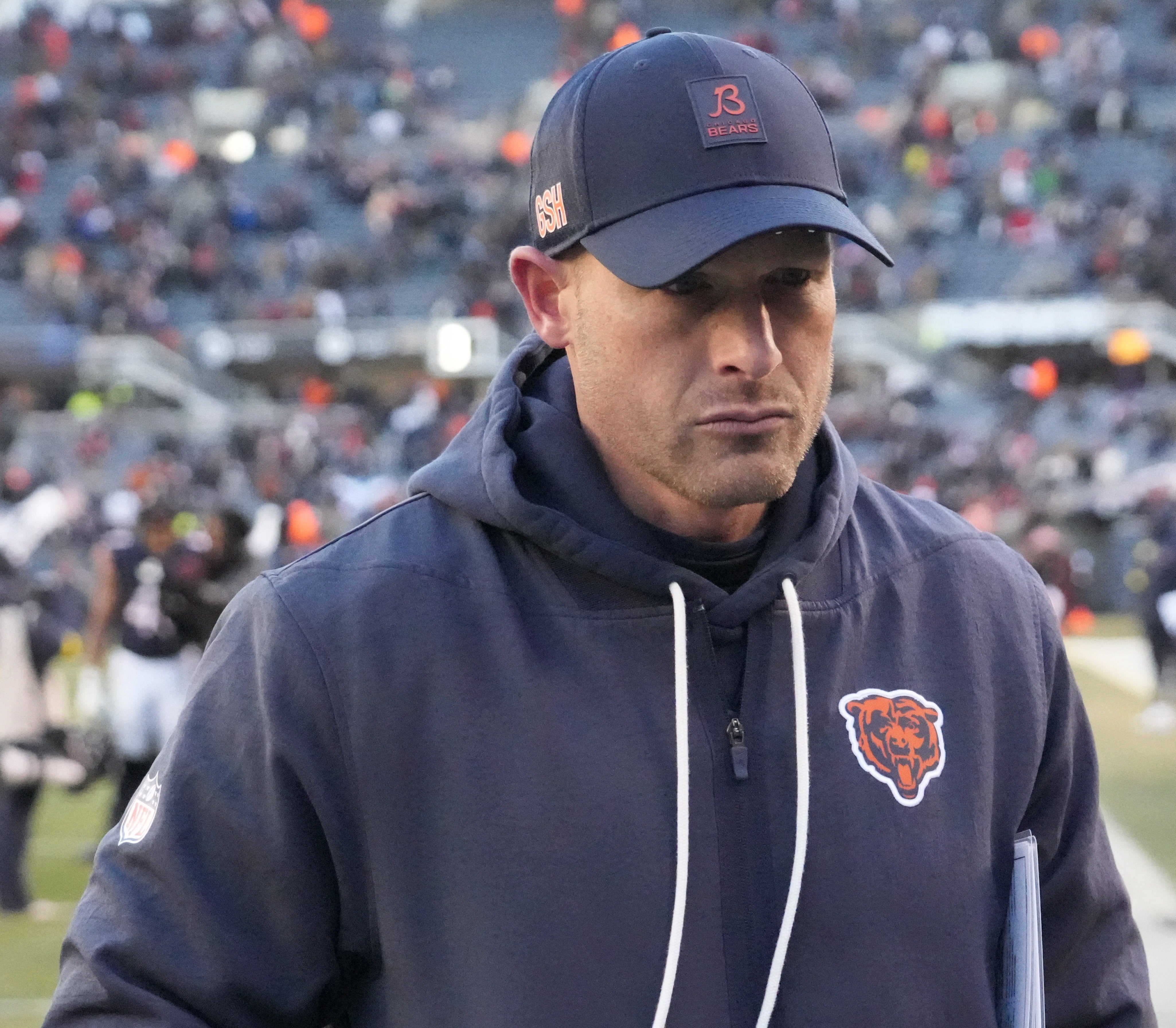 Dec 14, 2025; Chicago, Illinois, USA; Chicago Bears head coach Ben Johnson walks off the field after the game against the Cleveland Browns at Soldier Field.
