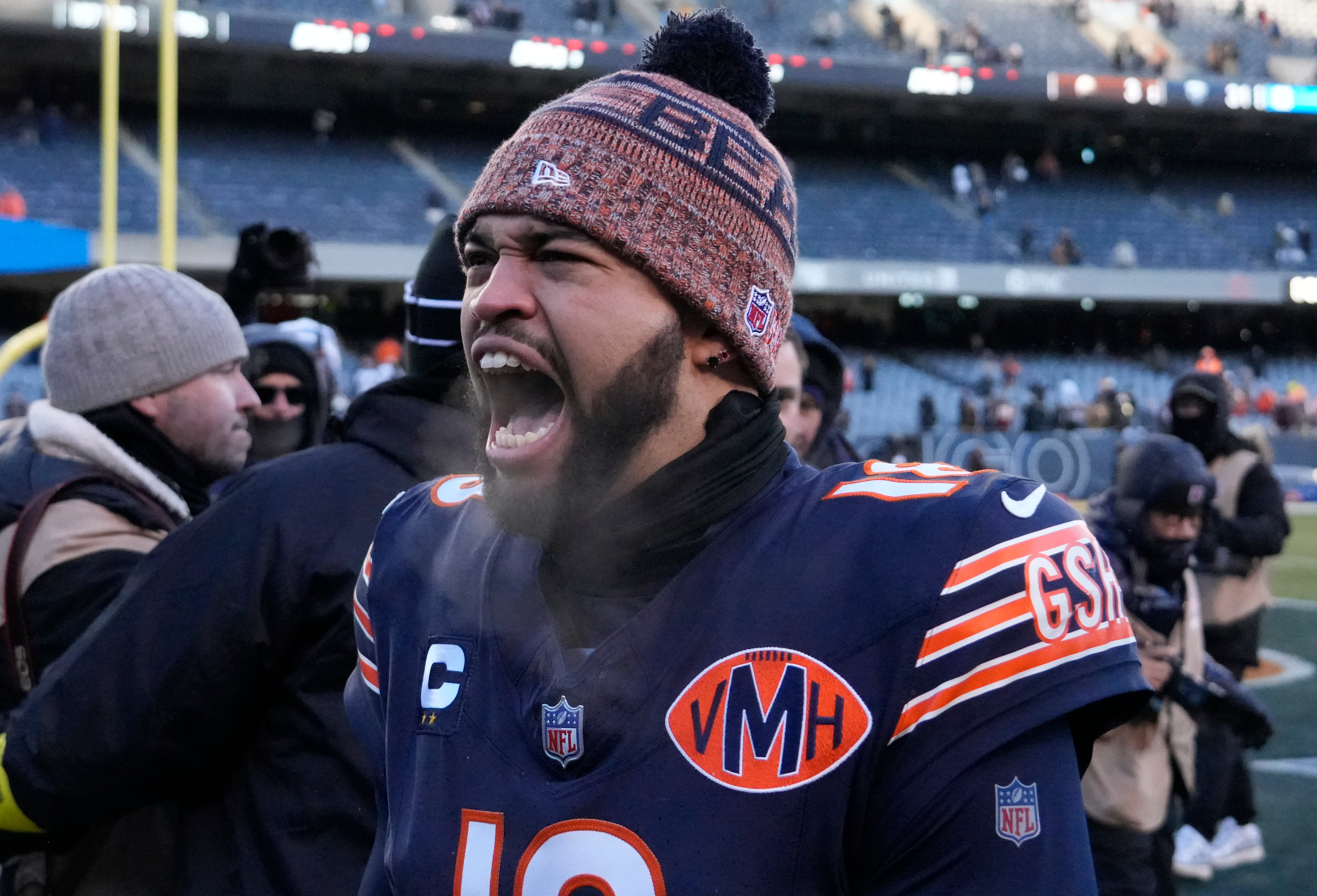 Dec 14, 2025; Chicago, Illinois, USA; Chicago Bears quarterback Caleb Williams (18) celebrates after defeating the Cleveland Browns at Soldier Field.