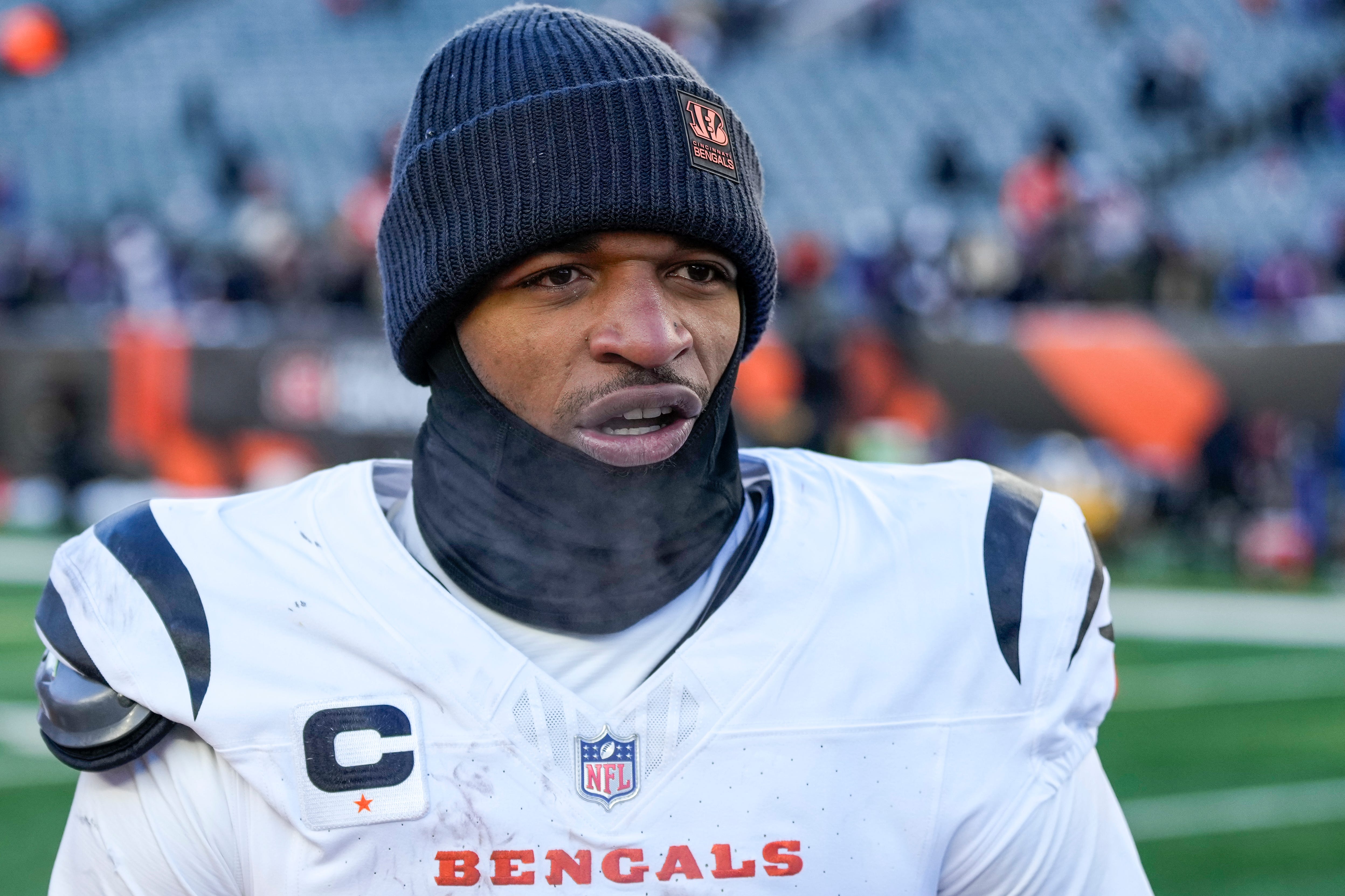 Cincinnati Bengals wide receiver Ja'Marr Chase (1) walks for the locker room after the fourth quarter of the NFL Week 15 game between the Cincinnati Bengals and the Baltimore Ravens at Paycor Stadium in Cincinnati on Sunday, Dec. 14, 2025. The Bengals were shut out, 24-0.