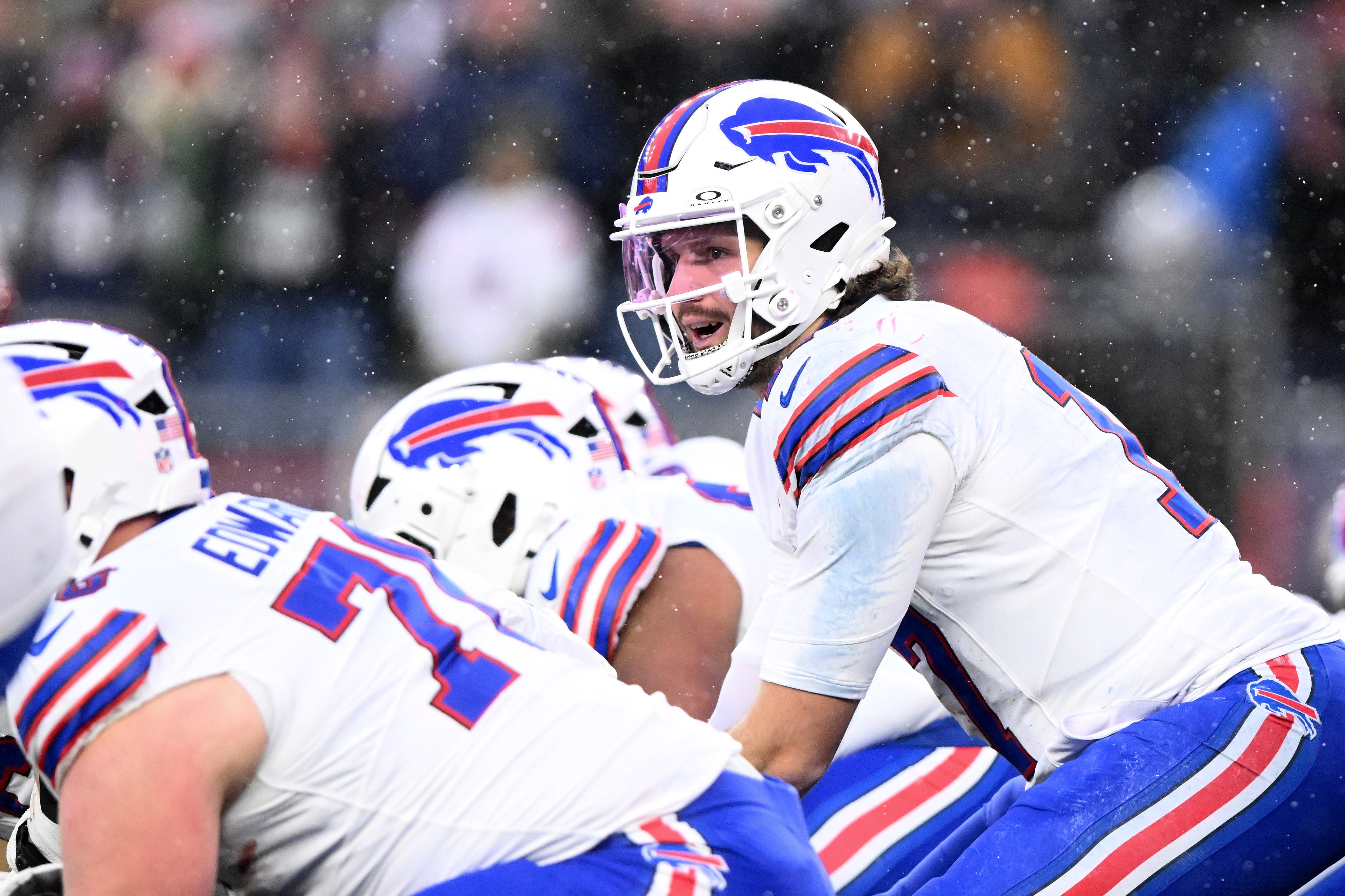 Dec 14, 2025; Foxborough, Massachusetts, USA; Buffalo Bills quarterback Josh Allen (17) prepares for a snap against the New England Patriots during the second half at Gillette Stadium.