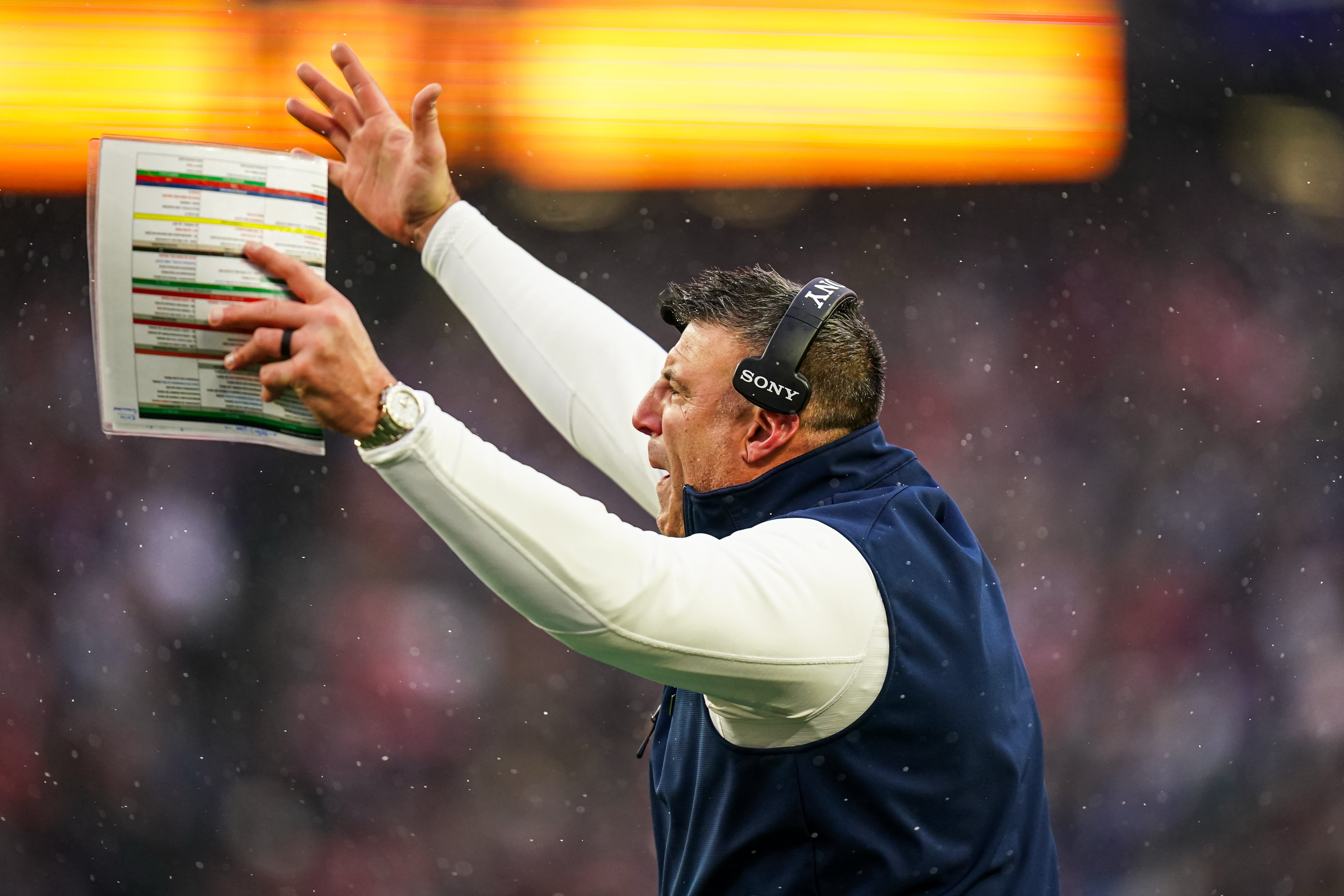 Dec 14, 2025; Foxborough, Massachusetts, USA; New England Patriots head coach Mike Vrabel reacts from the sideline as they take on the Buffalo Bills at Gillette Stadium.