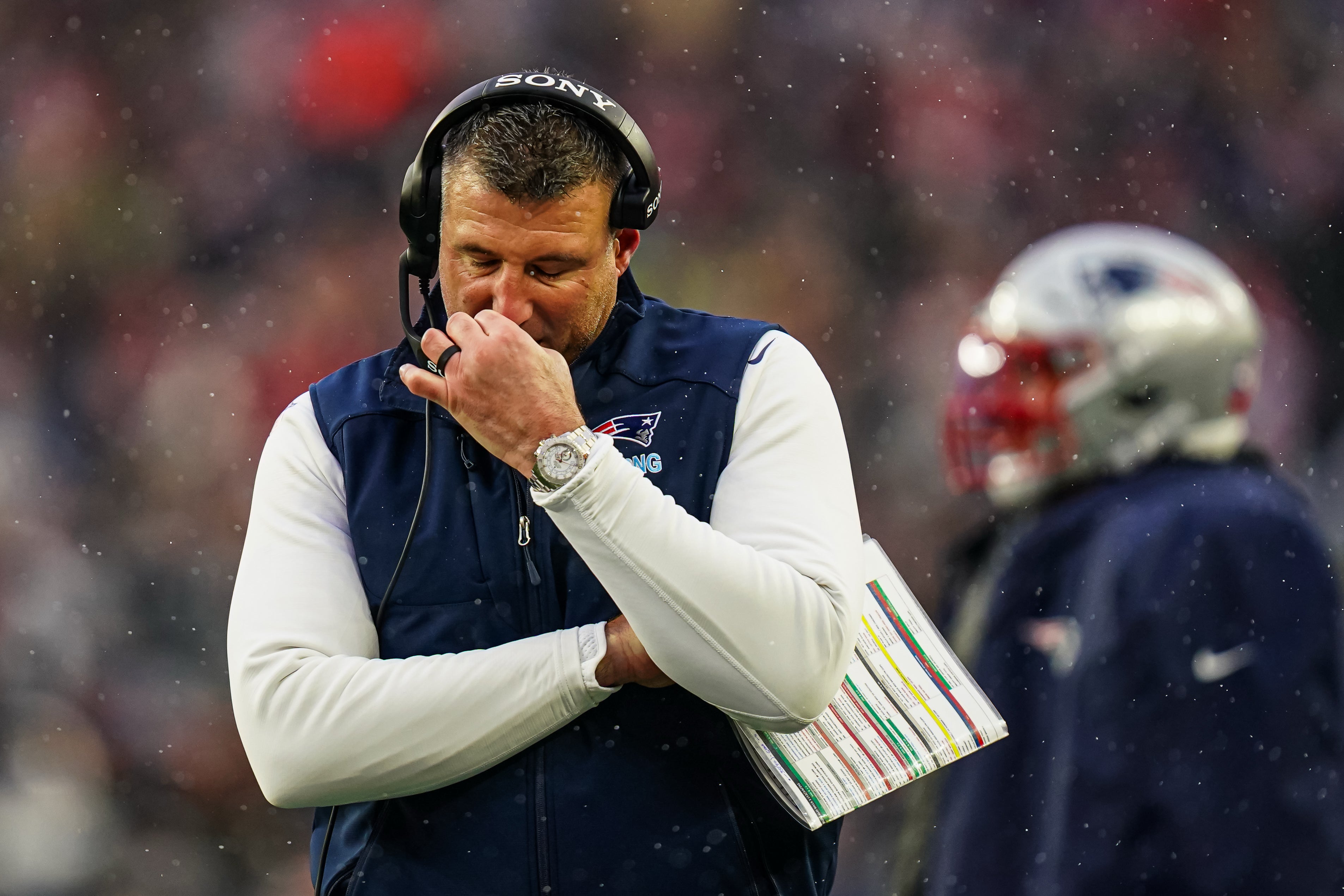 Dec 14, 2025; Foxborough, Massachusetts, USA; New England Patriots head coach Mike Vrabel reacts from the sideline as they take on the Buffalo Bills at Gillette Stadium.