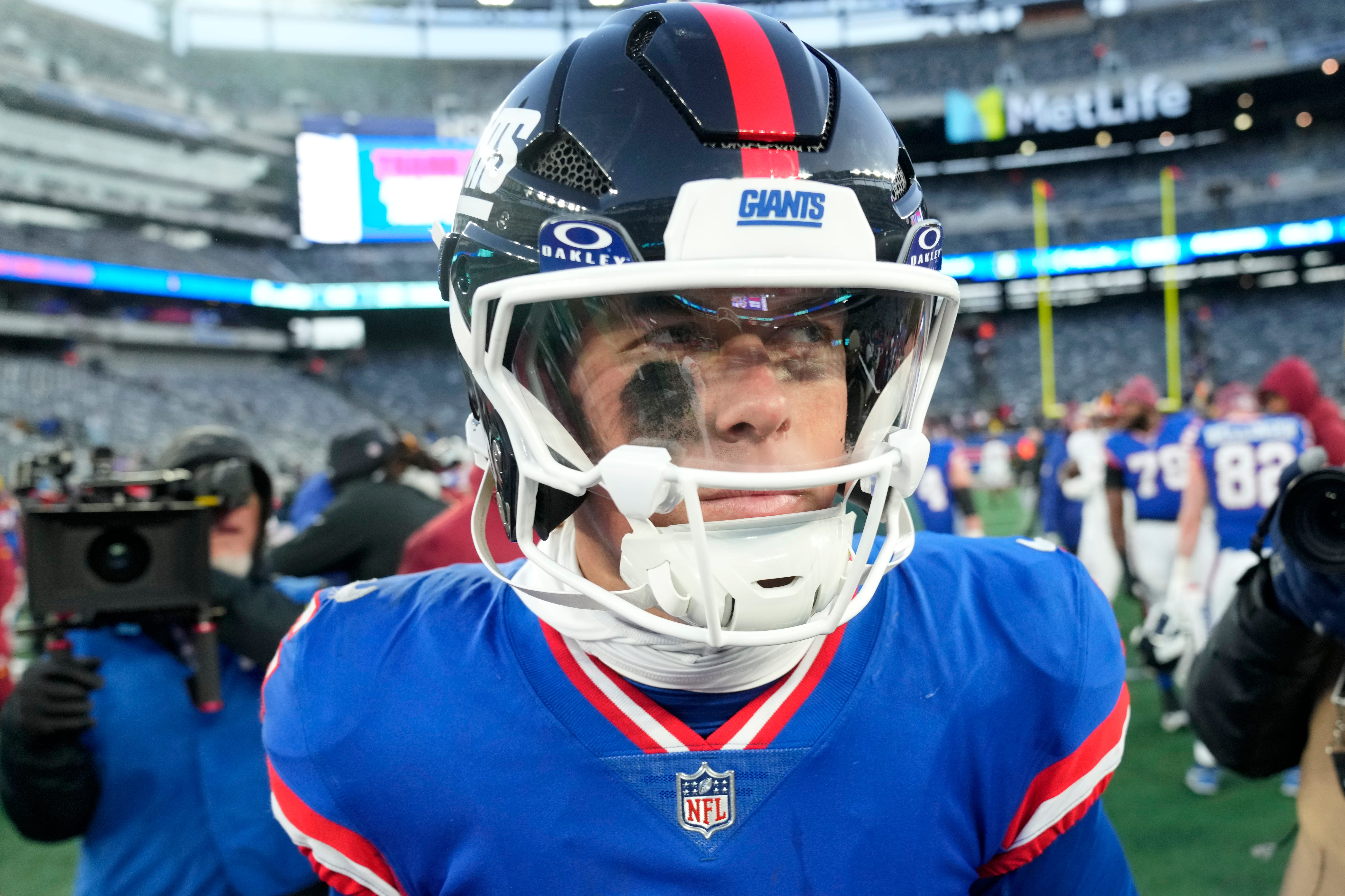 New York Giants quarterback Jaxson Dart (6) is shown after the 29-21 loss to the Commanders, Sunday, December 14, 2025.