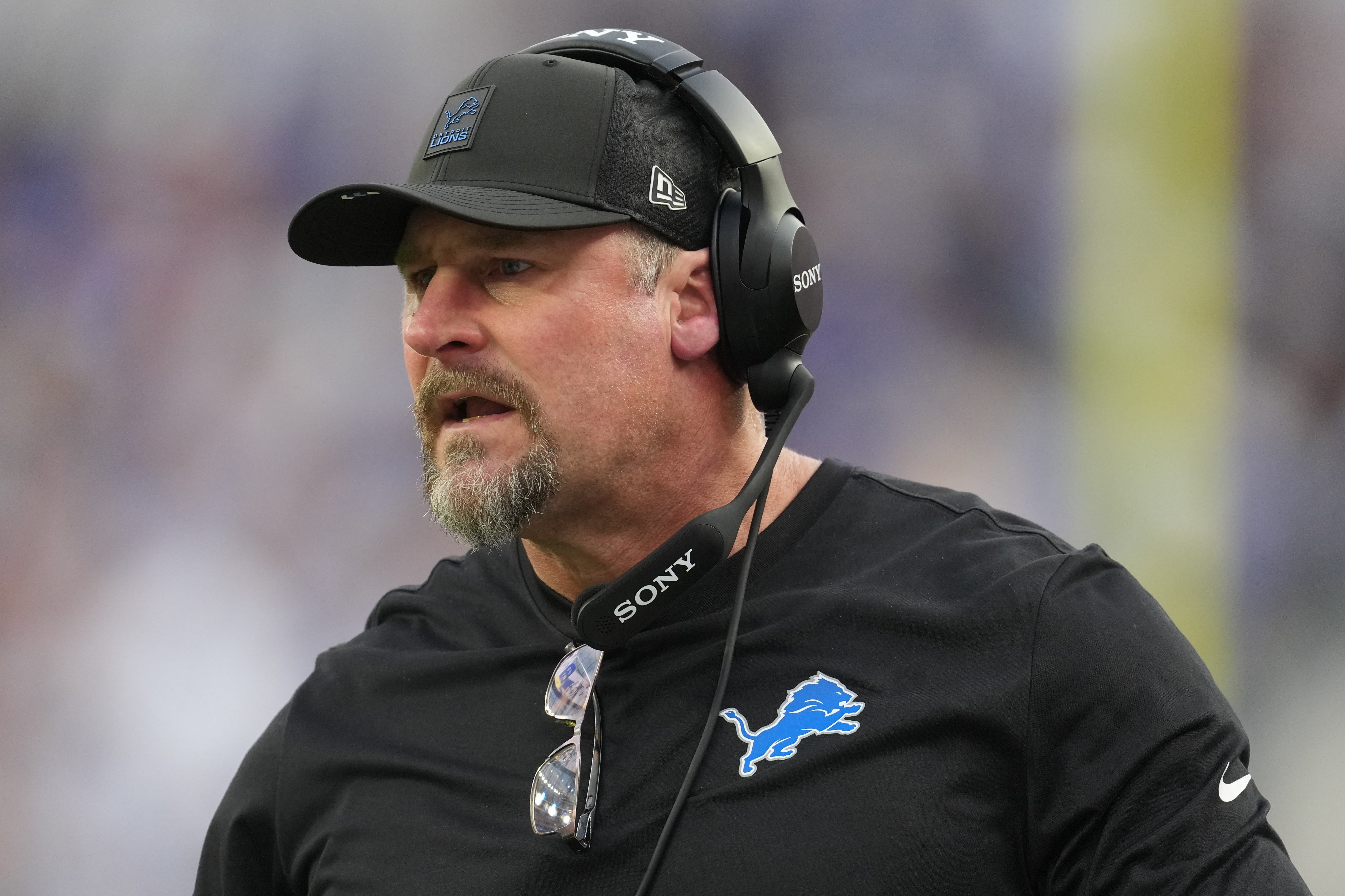 Dec 14, 2025; Inglewood, California, USA; Detroit Lions head coach Dan Campbell is seen during the second quarter against the Los Angeles Rams at SoFi Stadium.
