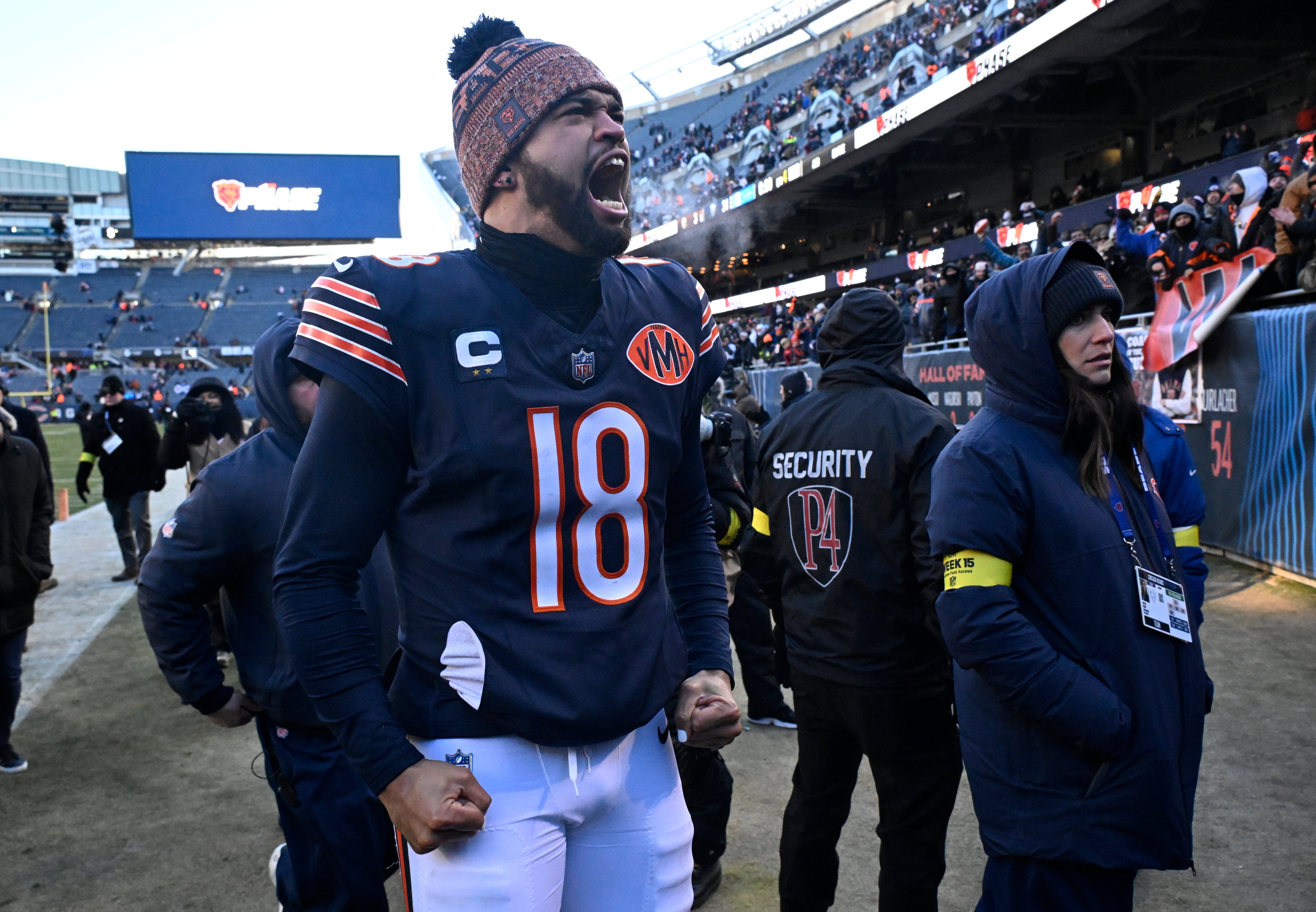 Dec 14, 2025; Chicago, Illinois, USA; Chicago Bears quarterback Caleb Williams (18) celebrates after defeating the Cleveland Browns at Soldier Field.