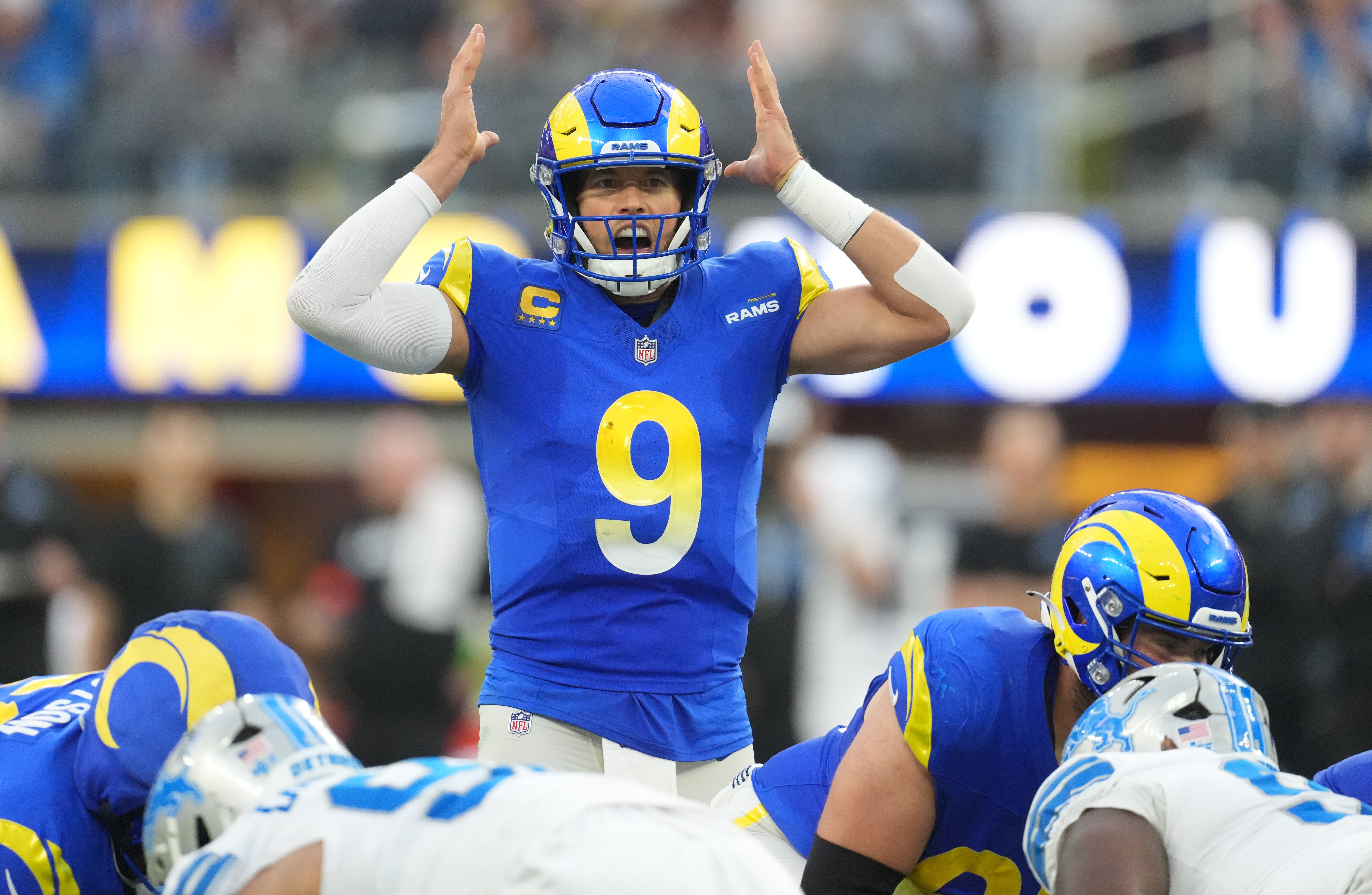 Dec 14, 2025; Inglewood, California, USA; Los Angeles Rams quarterback Matthew Stafford (9) calls a play during the third quarter against the Detroit Lions at SoFi Stadium. Mandatory Credit: Kirby Lee-Imagn Images