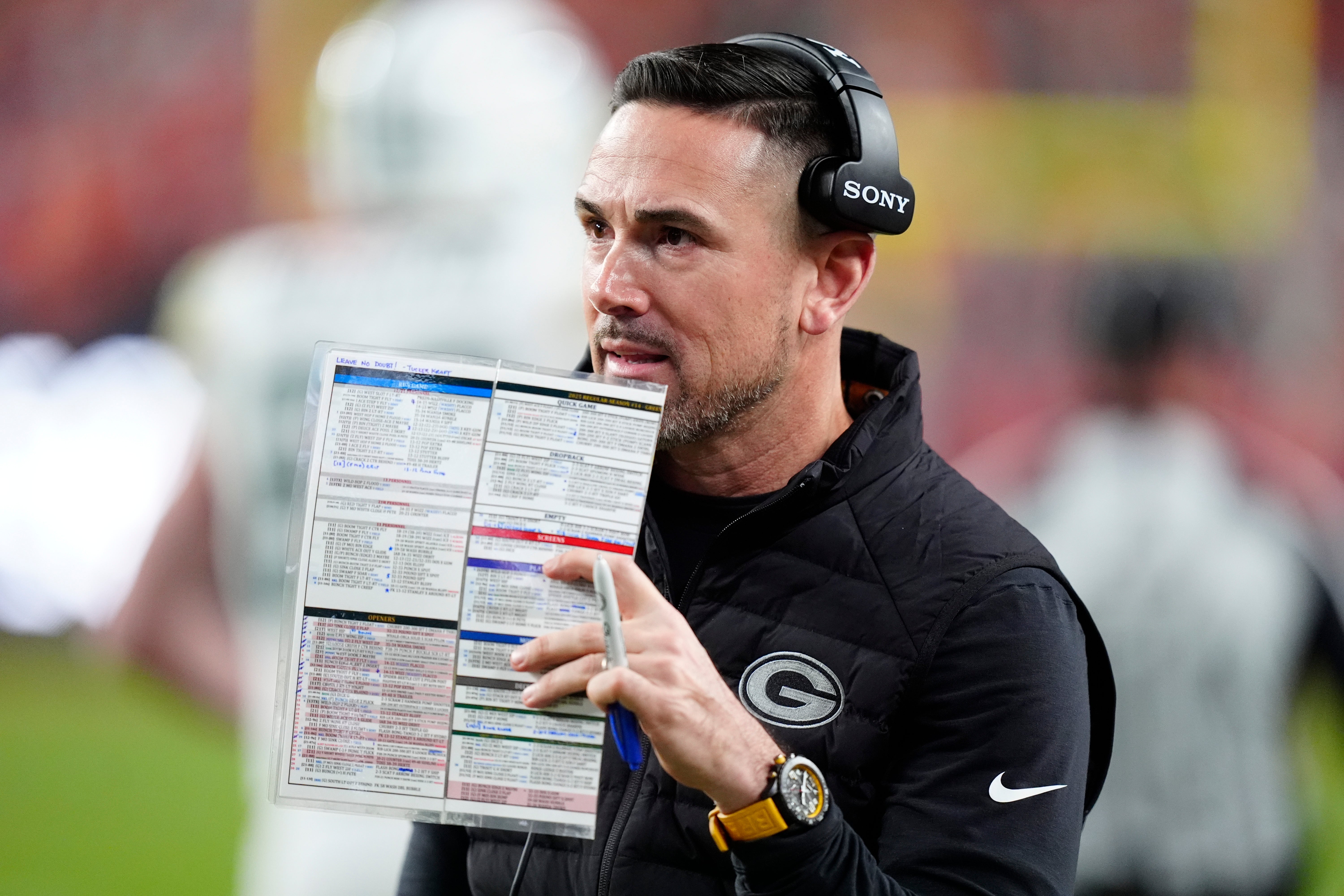 Dec 14, 2025; Denver, Colorado, USA; Green Bay Packers head coach Matt Lafleur stands on the sidelines during the fourth quarter against the Denver Broncos at Empower Field at Mile High.