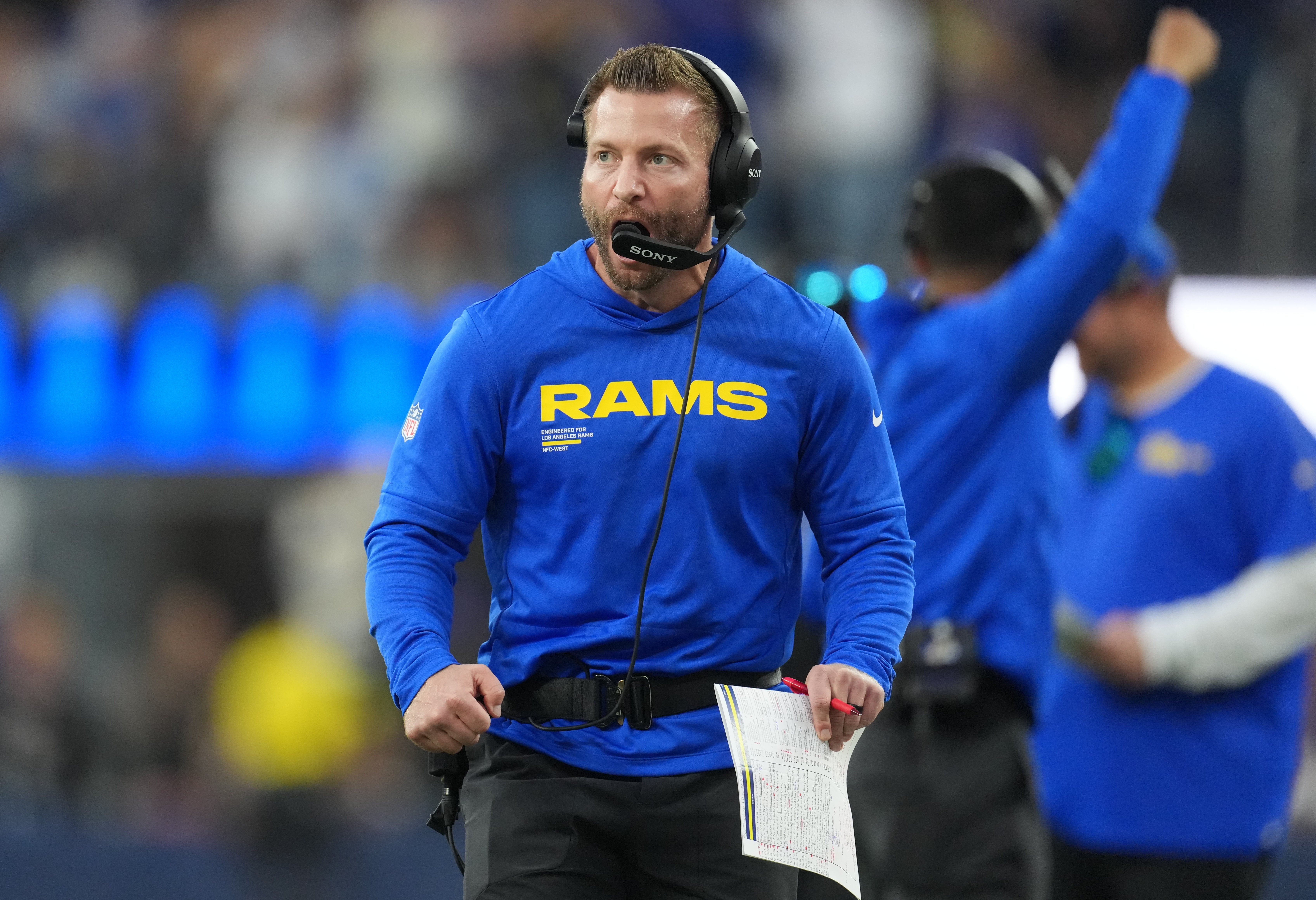 Dec 14, 2025; Inglewood, California, USA; Los Angeles Rams head coach Sean McVay reacts after a play during the fourth quarter against the Detroit Lions at SoFi Stadium.