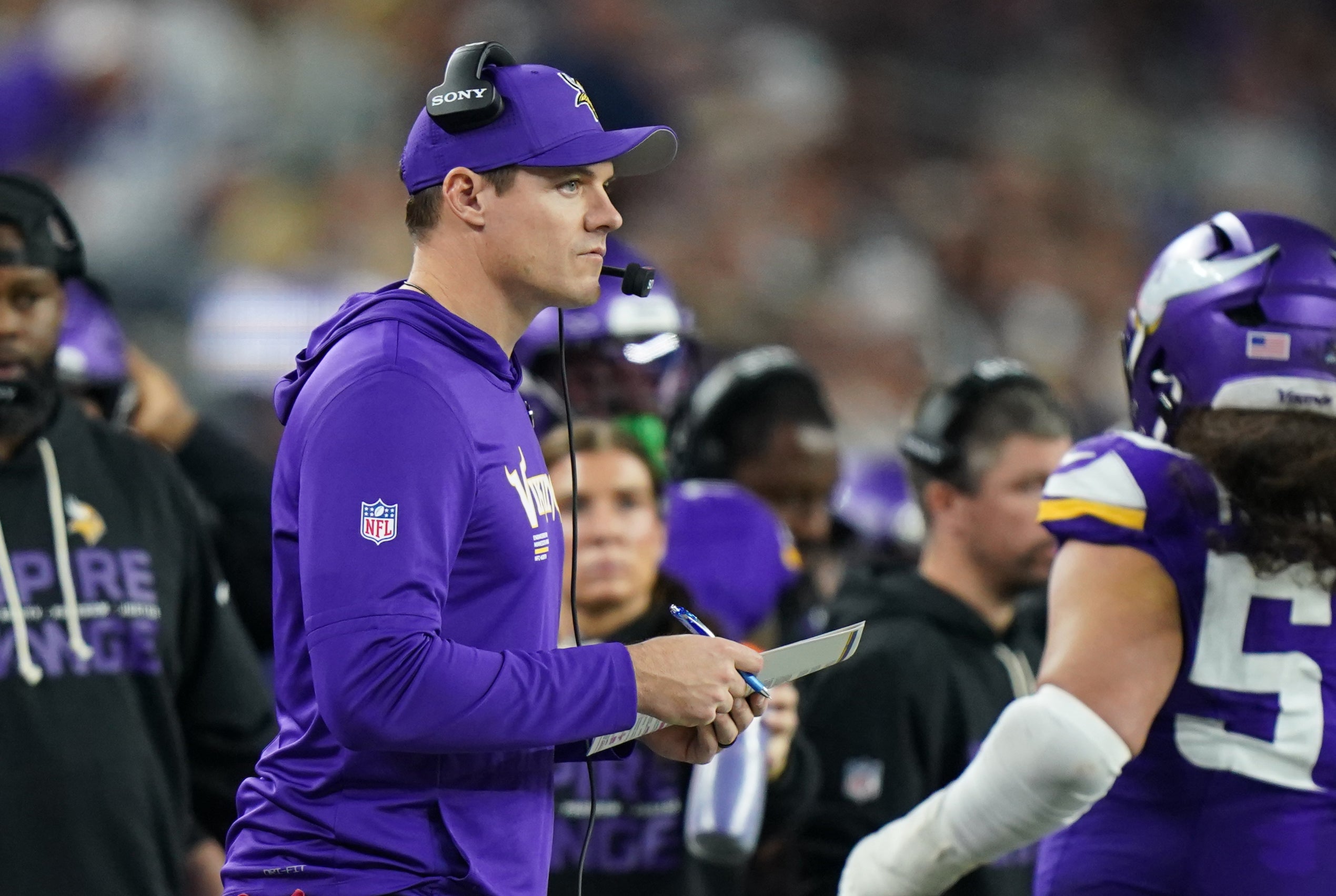 Dec 14, 2025; Arlington, Texas, USA; Minnesota Vikings head coach Kevin O'Connell during the second half against the Dallas Cowboys at AT&T Stadium.