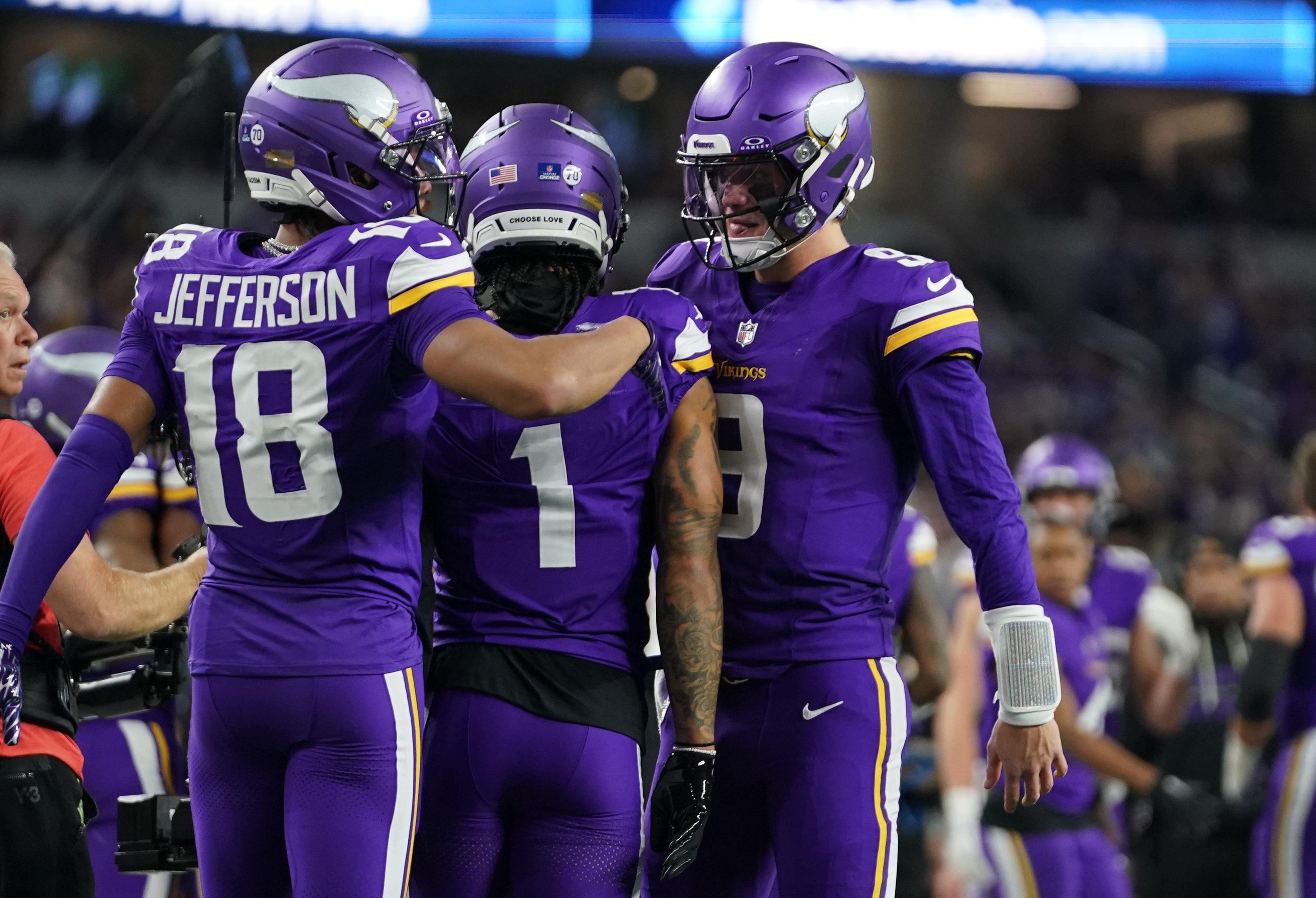 Dec 14, 2025; Arlington, Texas, USA; Minnesota Vikings wide receiver Jalen Nailor (1) celebrates after a touchdown catch with wide receiver Justin Jefferson (18) and quarterback J.J. McCarthy (9) during the second half against the Dallas Cowboys at AT&T Stadium.