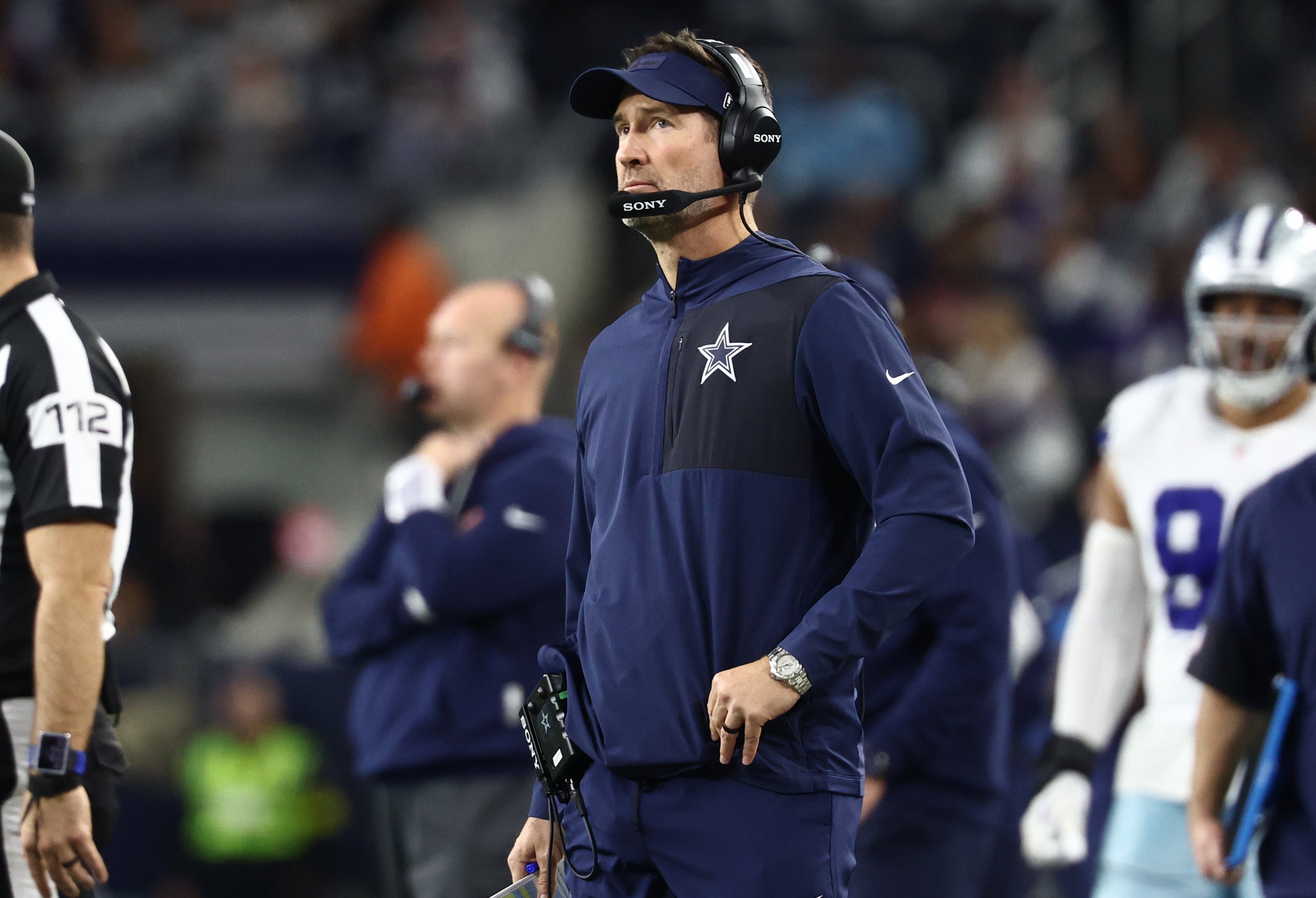 Dec 14, 2025; Arlington, Texas, USA; Dallas Cowboys head coach Brian Schottenheimer during the second half against the Minnesota Vikings at AT&T Stadium.