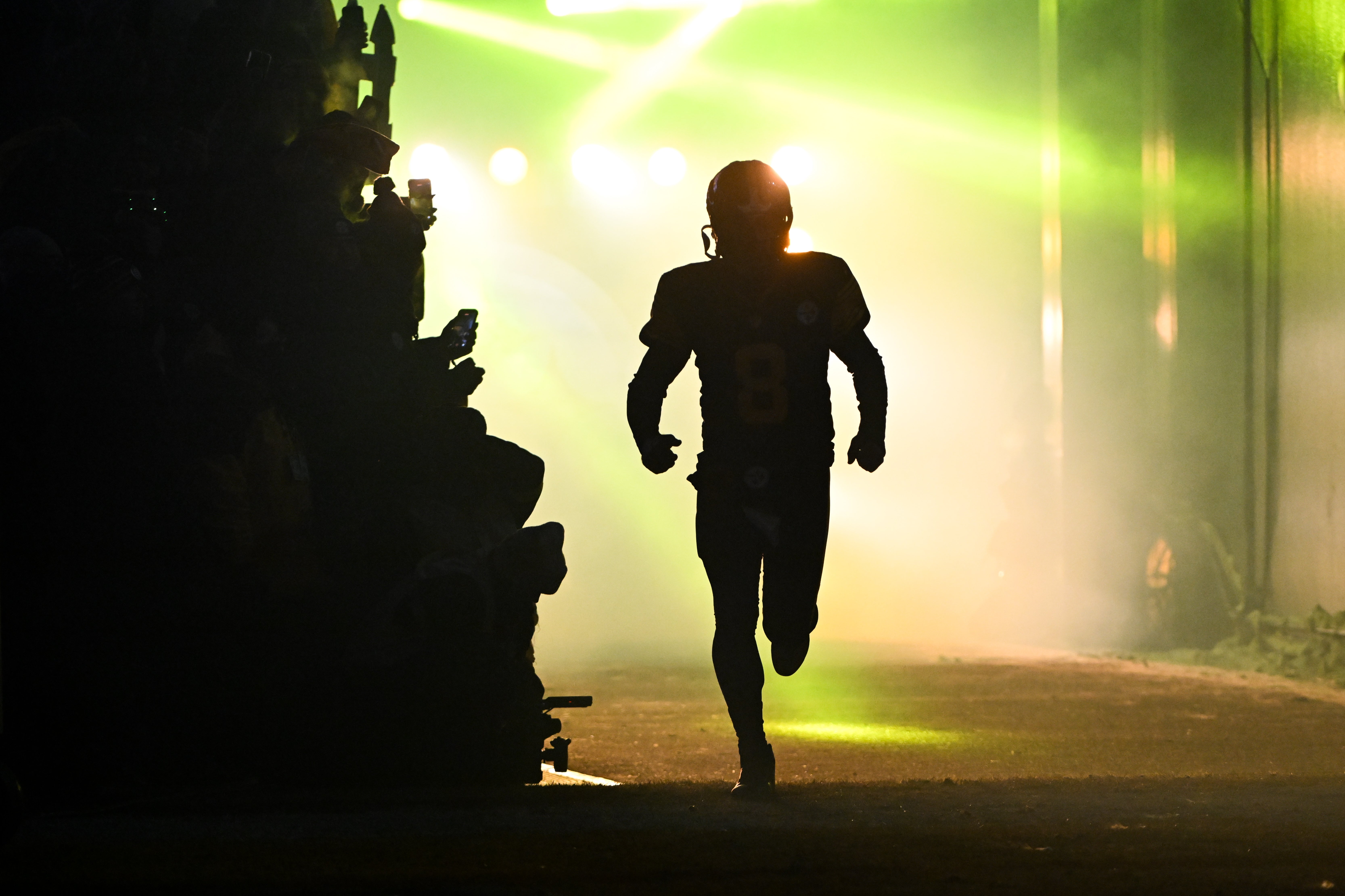 Dec 15, 2025; Pittsburgh, Pennsylvania, USA; Pittsburgh Steelers quarterback Aaron Rodgers (8) enters the field before the game against the Miami Dolphins at Acrisure Stadium.