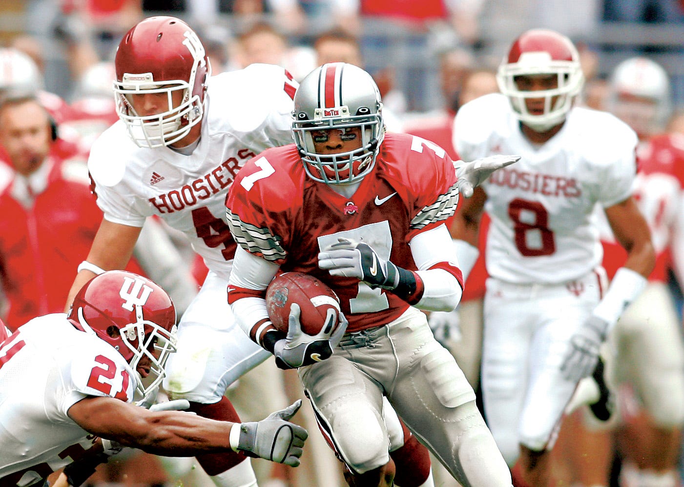 Ohio State's Ted Ginn Jr. , 7, out runs the last Indiana defensive player, Tracy Porter, 36, as he jumps into the end zone in the first half of their game at The Ohio Stadium Stadium, October 23, 2004.