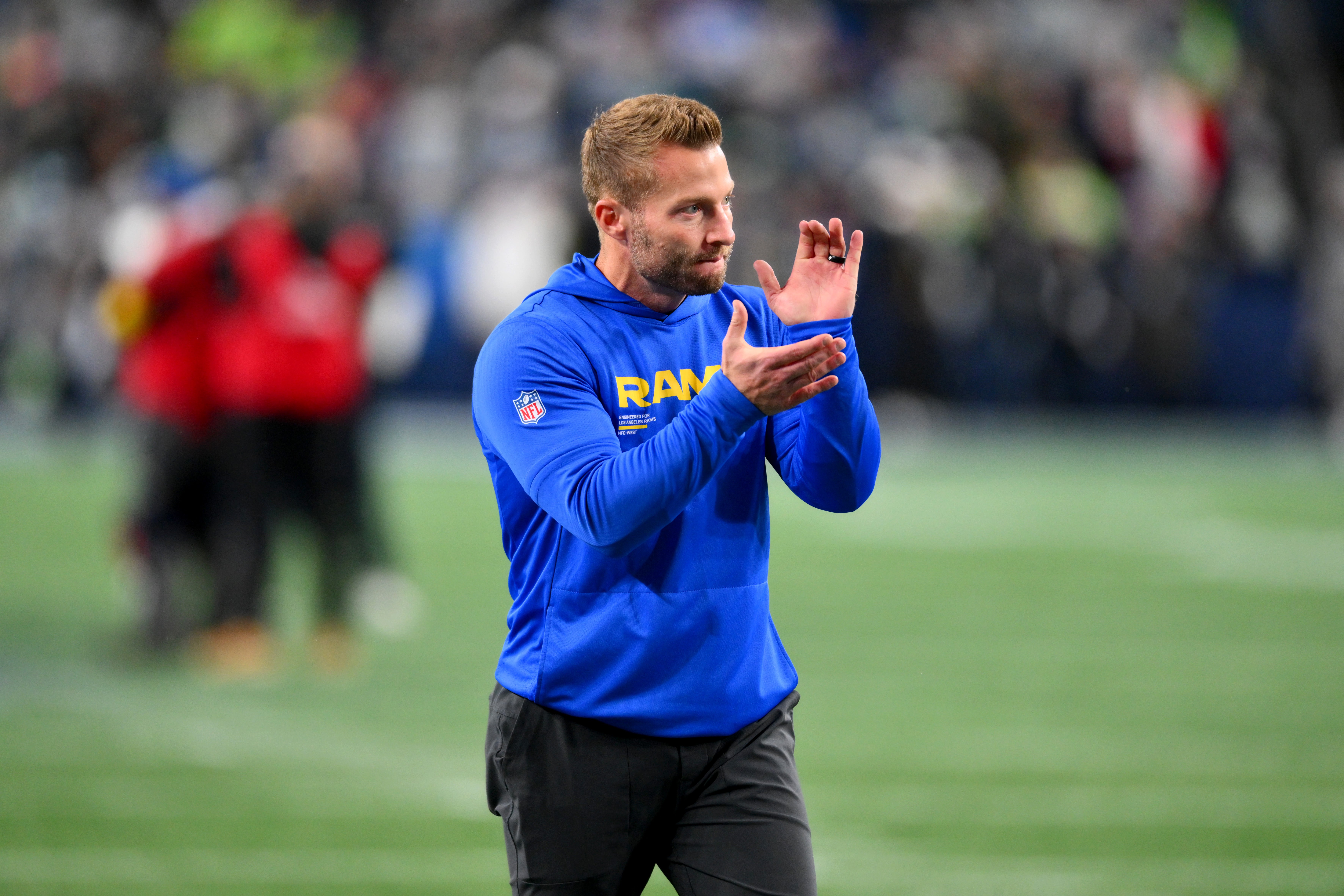 Dec 18, 2025; Seattle, Washington, USA; Los Angeles Rams head coach Sean McVay looks on before the game against the Seattle Seahawks at Lumen Field.