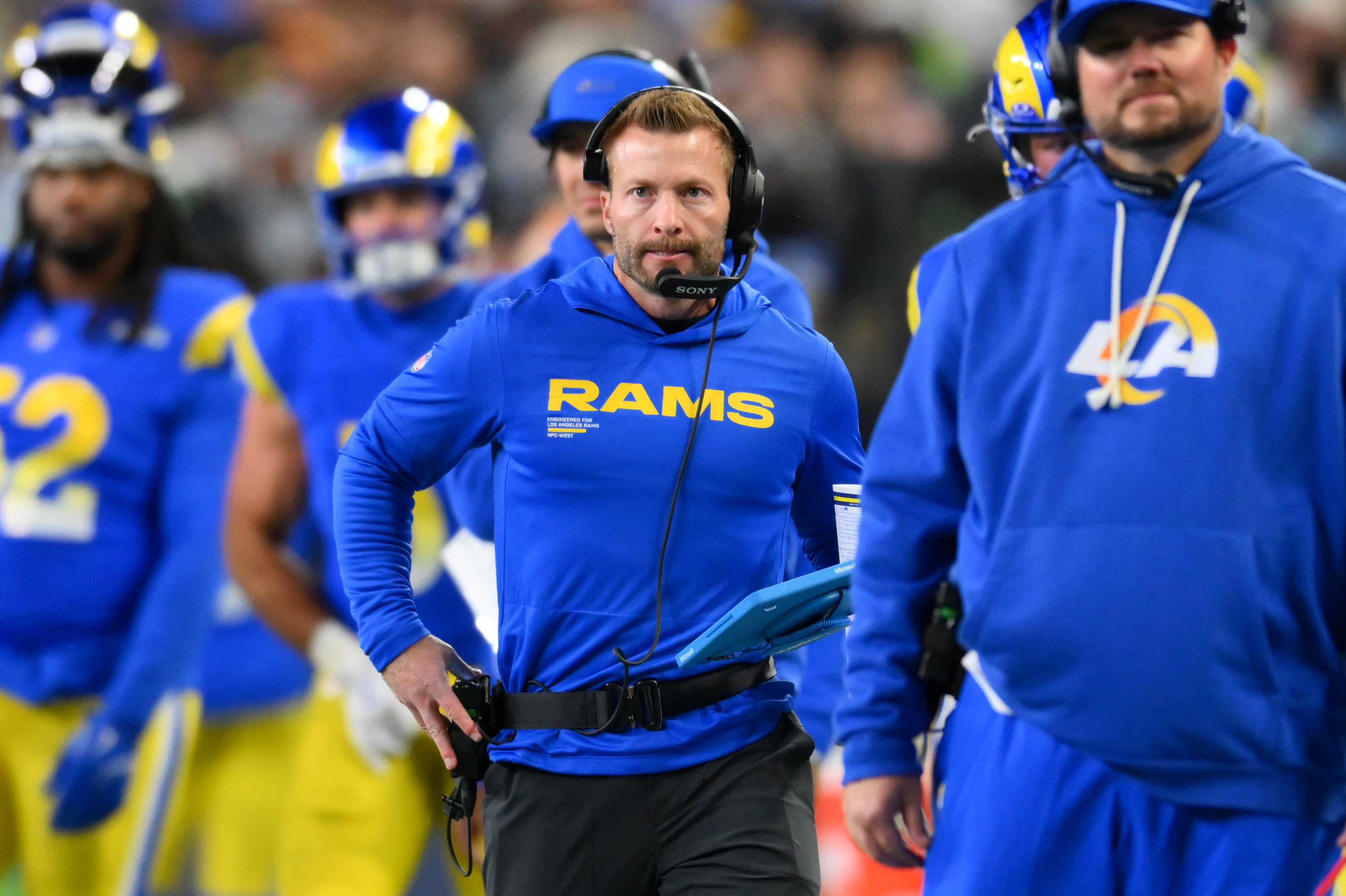 Dec 18, 2025; Seattle, Washington, USA; Los Angeles Rams head coach Sean McVay looks on in the first half against the Seattle Seahawks at Lumen Field.