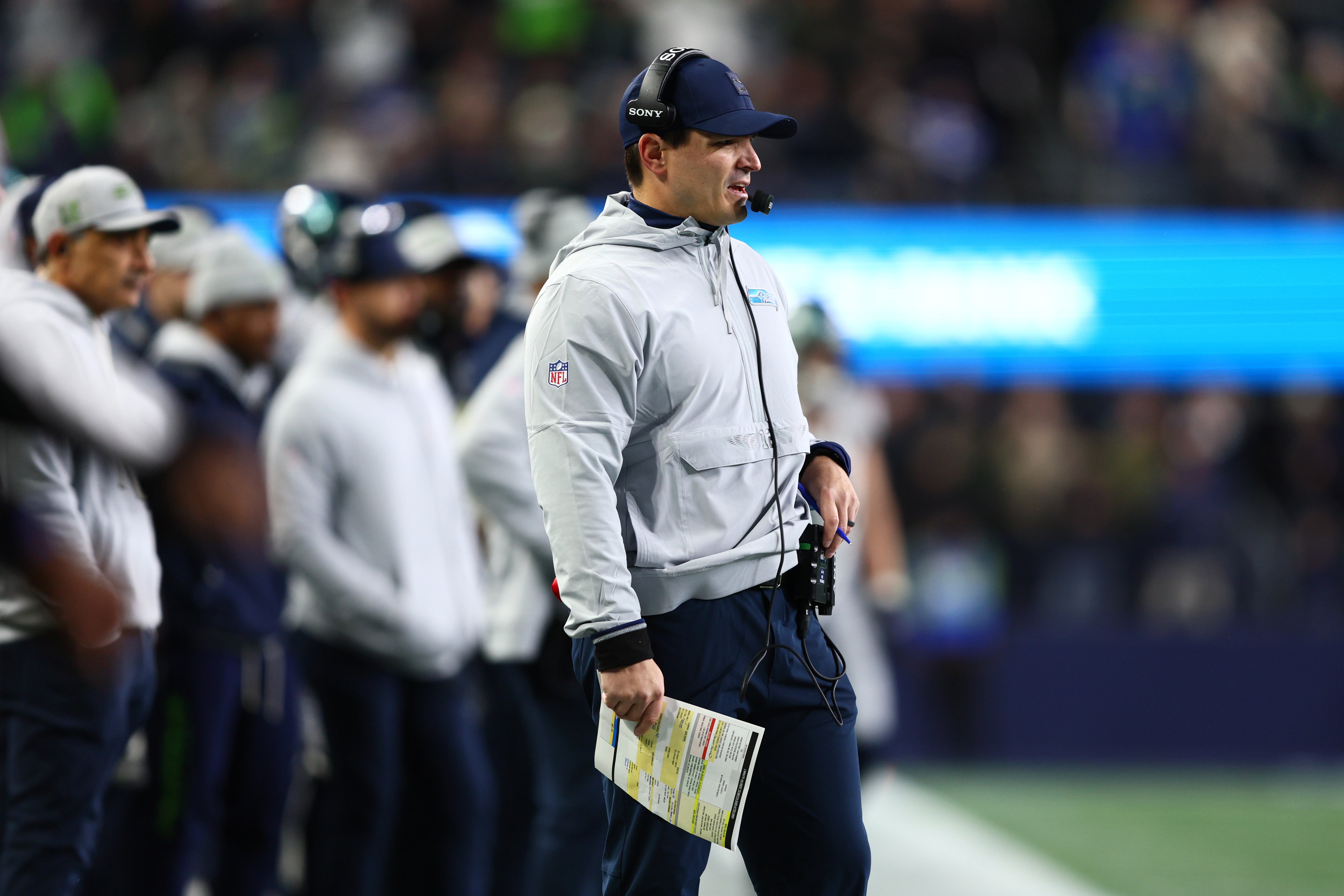 Dec 18, 2025; Seattle, Washington, USA; Seattle Seahawks head coach Mike MacDonald looks on in the first half against the Los Angeles Rams at Lumen Field.