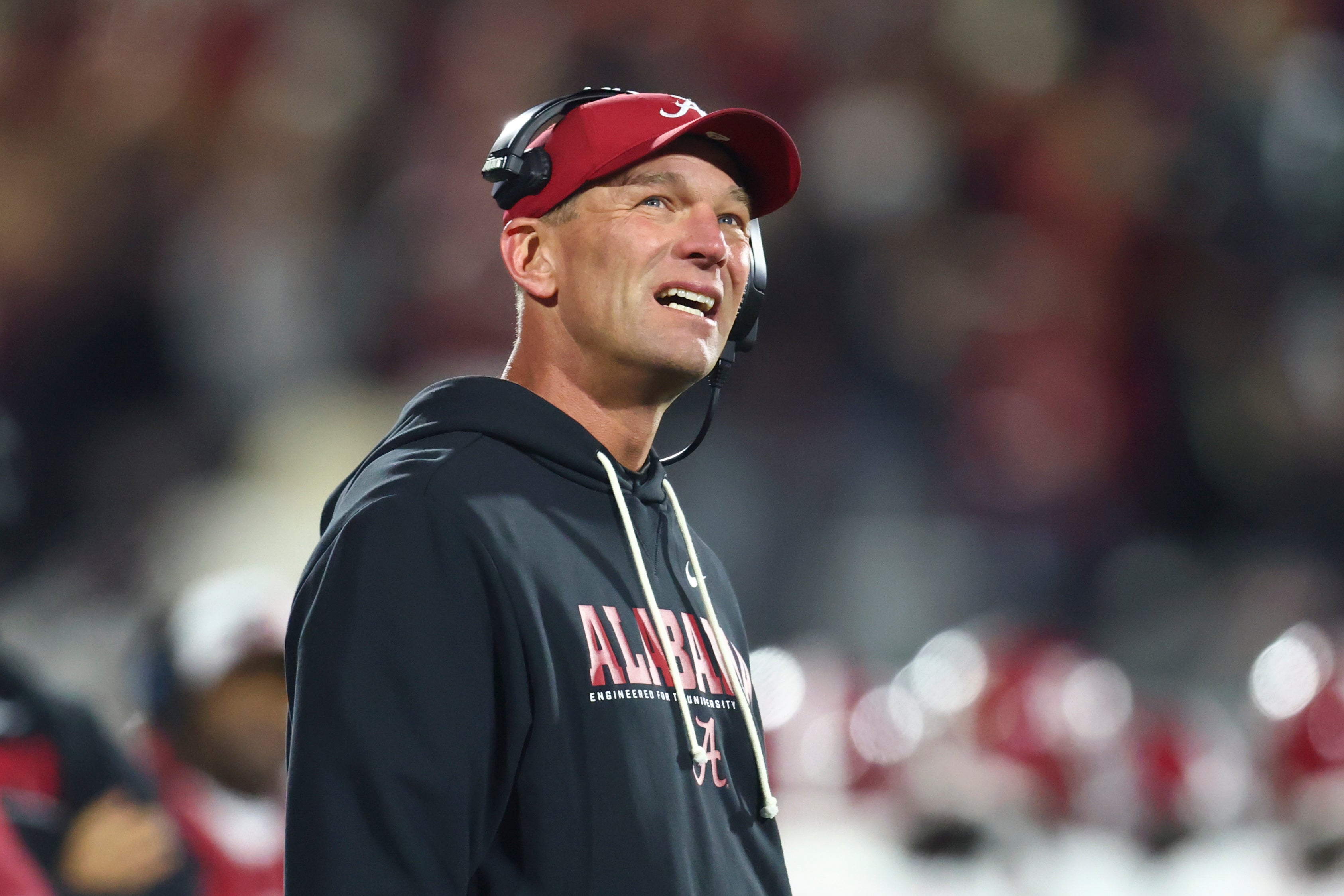 Dec 19, 2025; Norman, OK, USA; Alabama Crimson Tide head coach Kalen Deboer looks on from the sidelines in the first half against the Oklahoma Sooners at Gaylord Family OK Memorial Stadium.
