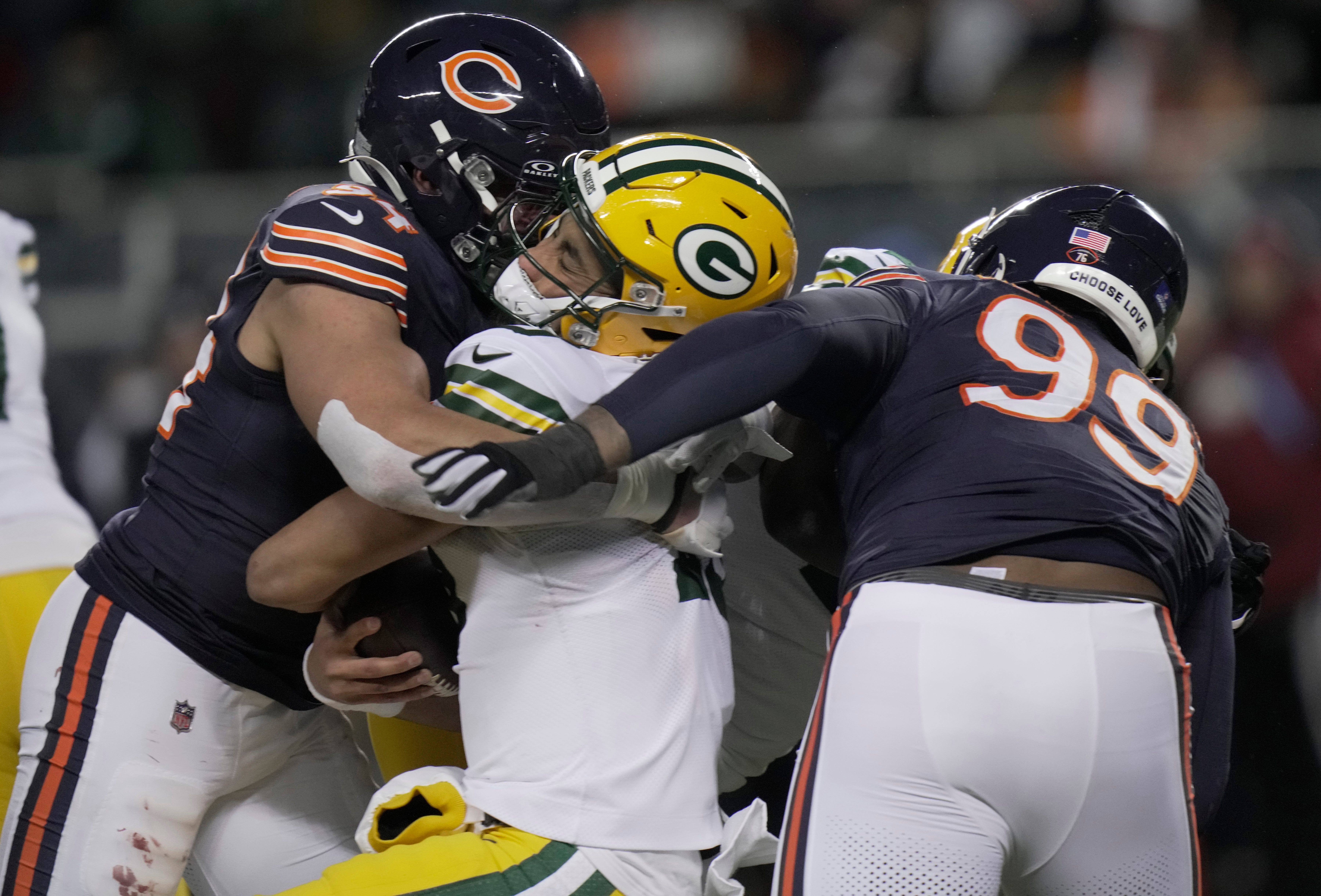 Chicago Bears defensive end Austin Booker (94) sacks and injures Green Bay Packers quarterback Jordan Love (10) during the second quarter of their game Saturday, December 20, 2025 at Soldier Field in Chicago, Illinois. Love left the game and the Bears were penalized for the hit.