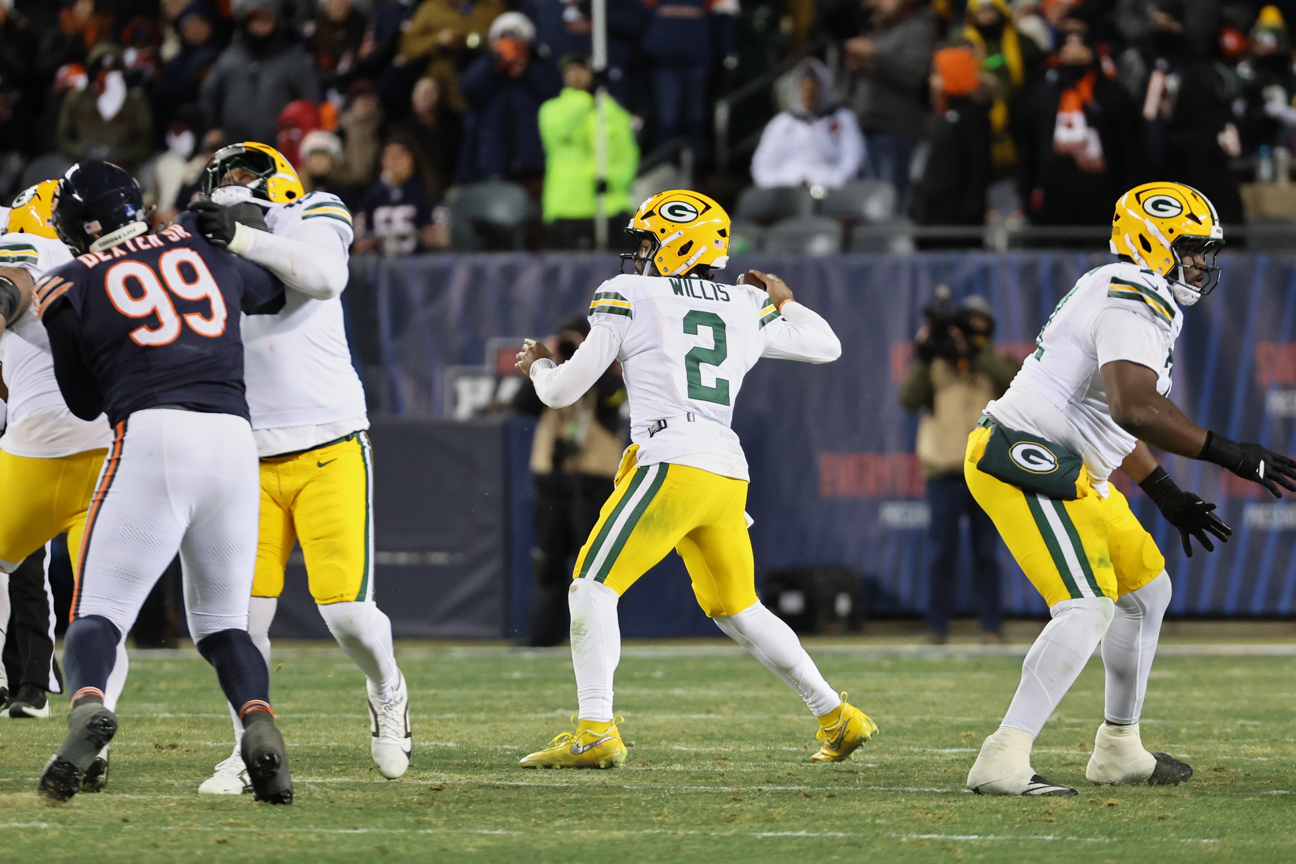 Dec 20, 2025; Chicago, Illinois, USA; Green Bay Packers quarterback Malik Willis (2) prepares to throw a pass against the Chicago Bears during the third quarter at Soldier Field.