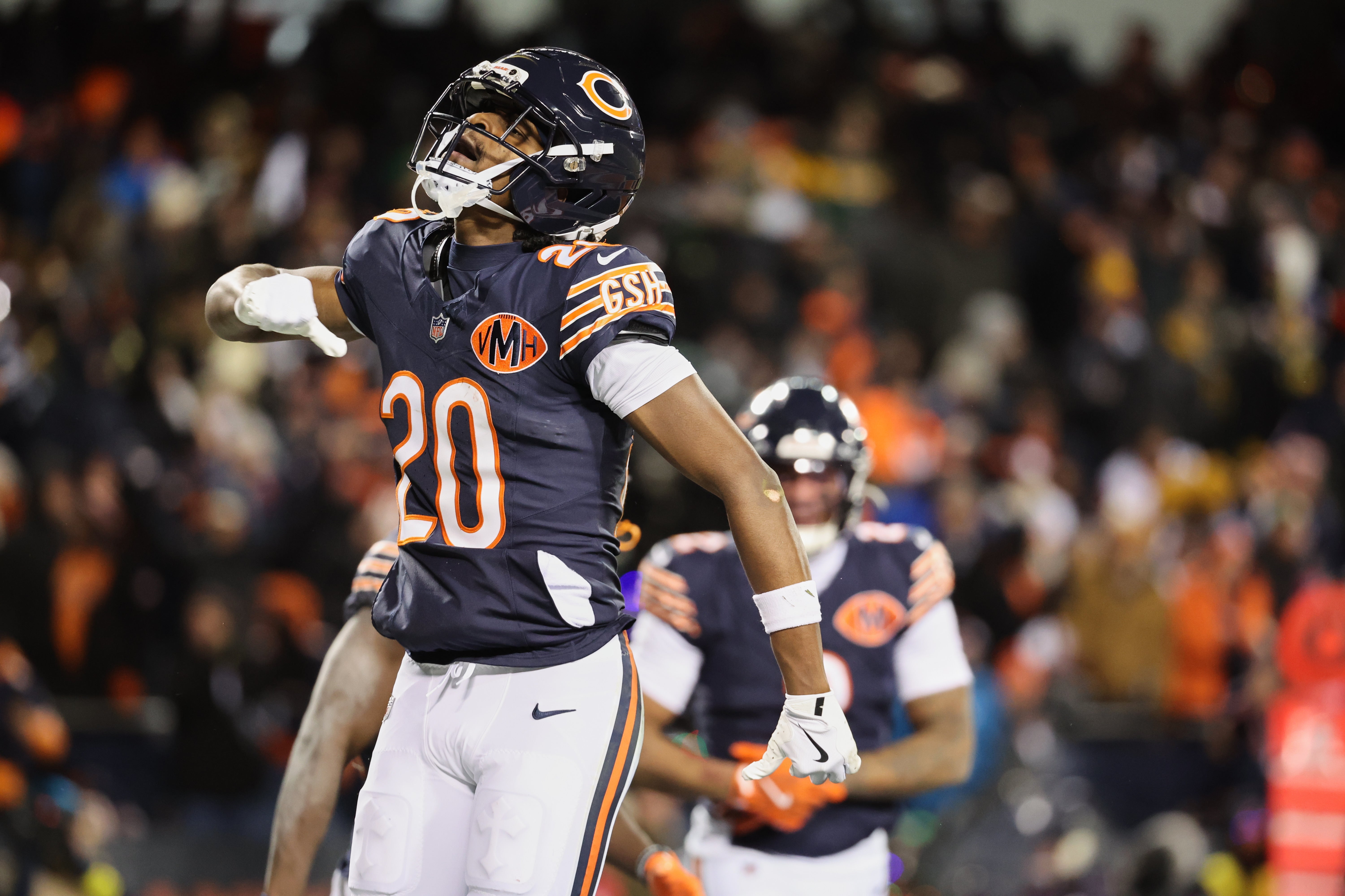 Dec 20, 2025; Chicago, Illinois, USA; Chicago Bears wide receiver Jahdae Walker (20) celebrates after catching a six-yard touchdown pass thrown by quarterback Caleb Williams (not pictured) against the Green Bay Packers with twenty-four seconds remaining in the fourth quarter at Soldier Field.