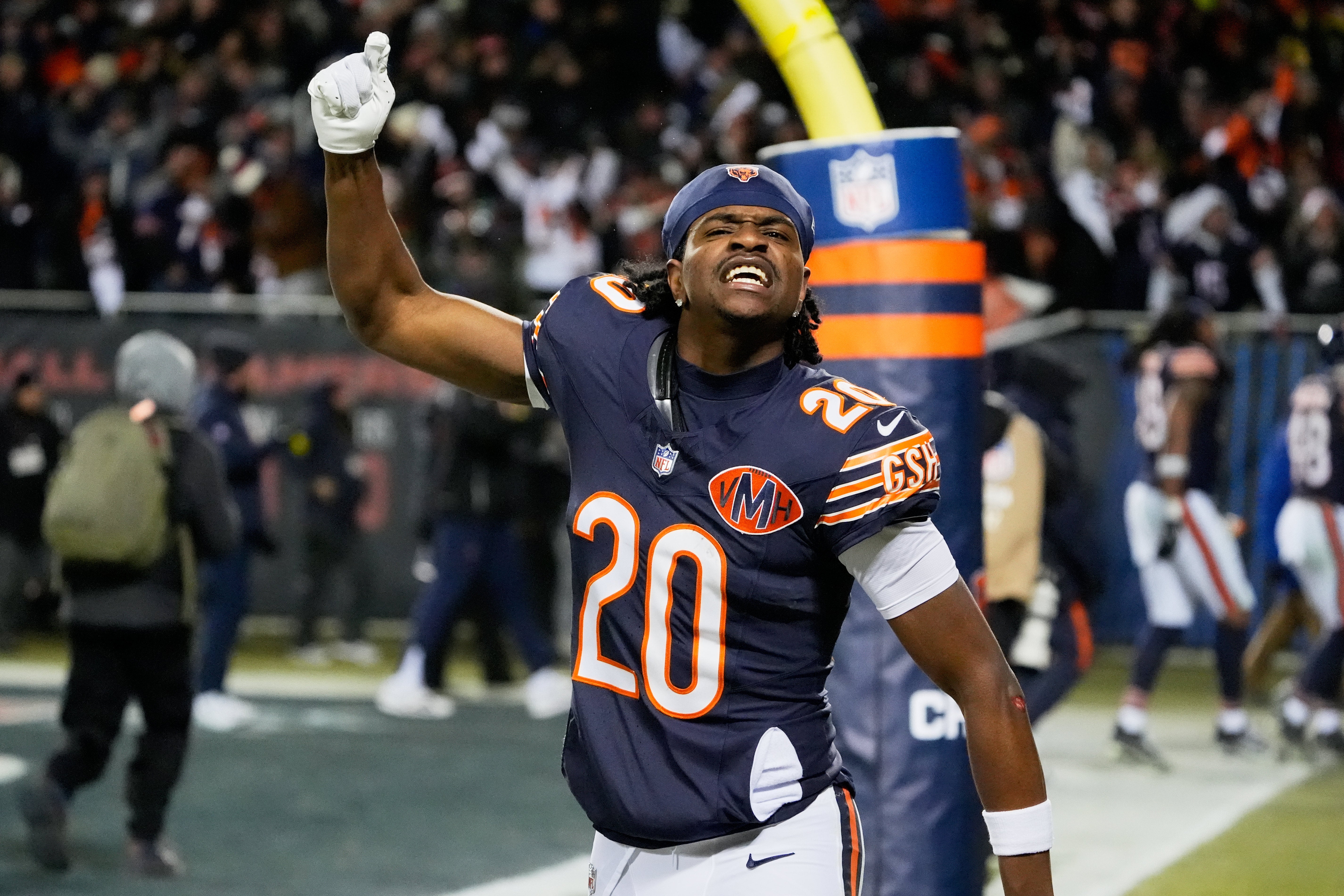 Dec 20, 2025; Chicago, Illinois, USA; Chicago Bears wide receiver Jahdae Walker (20) celebrates after Chicago defeated the Green Bay Packers in overtime at Soldier Field.