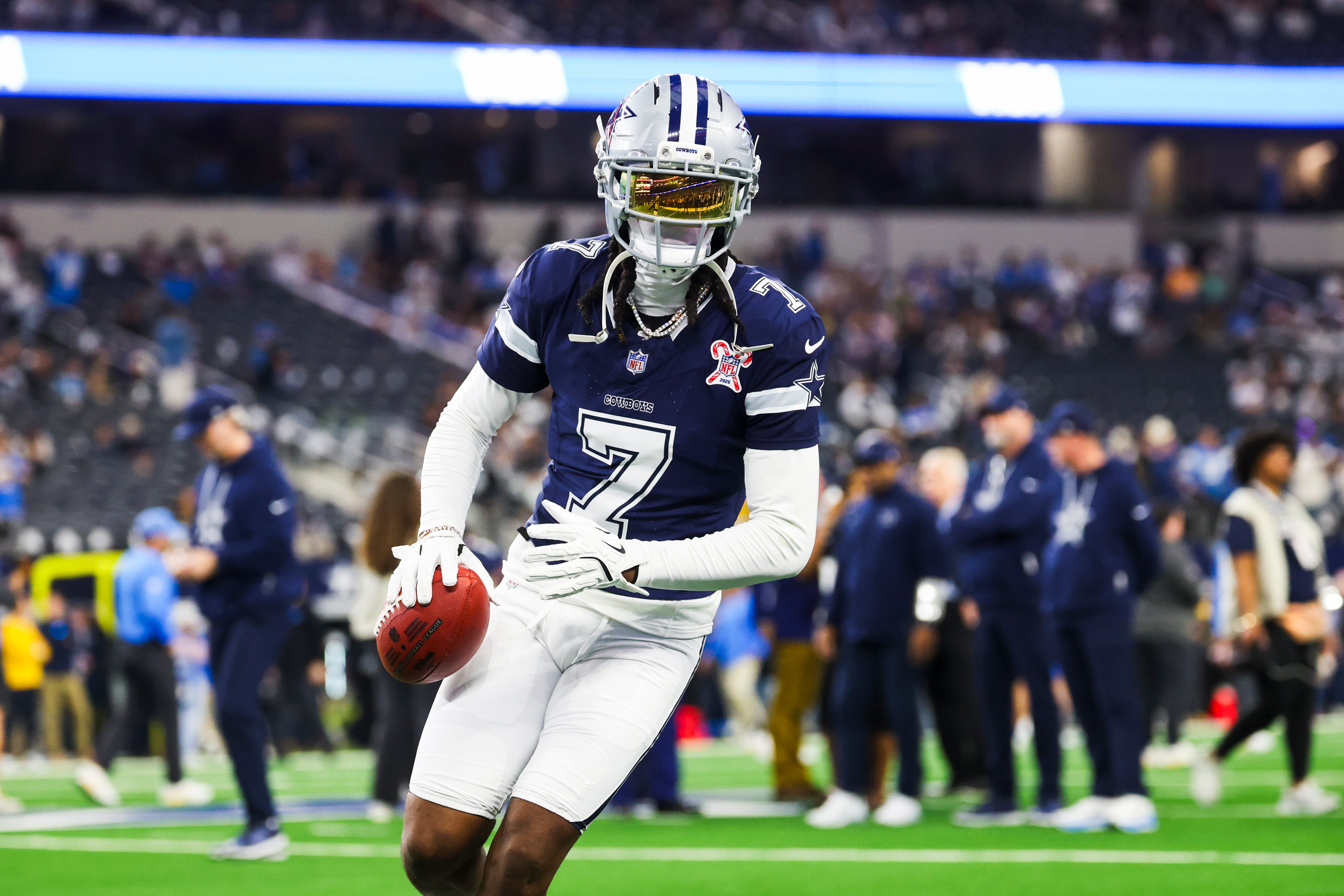 Dec 21, 2025; Arlington, Texas, USA; Dallas Cowboys cornerback Trevon Diggs (7) participates in pregame warmups against the Los Angeles Chargers at AT&T Stadium.