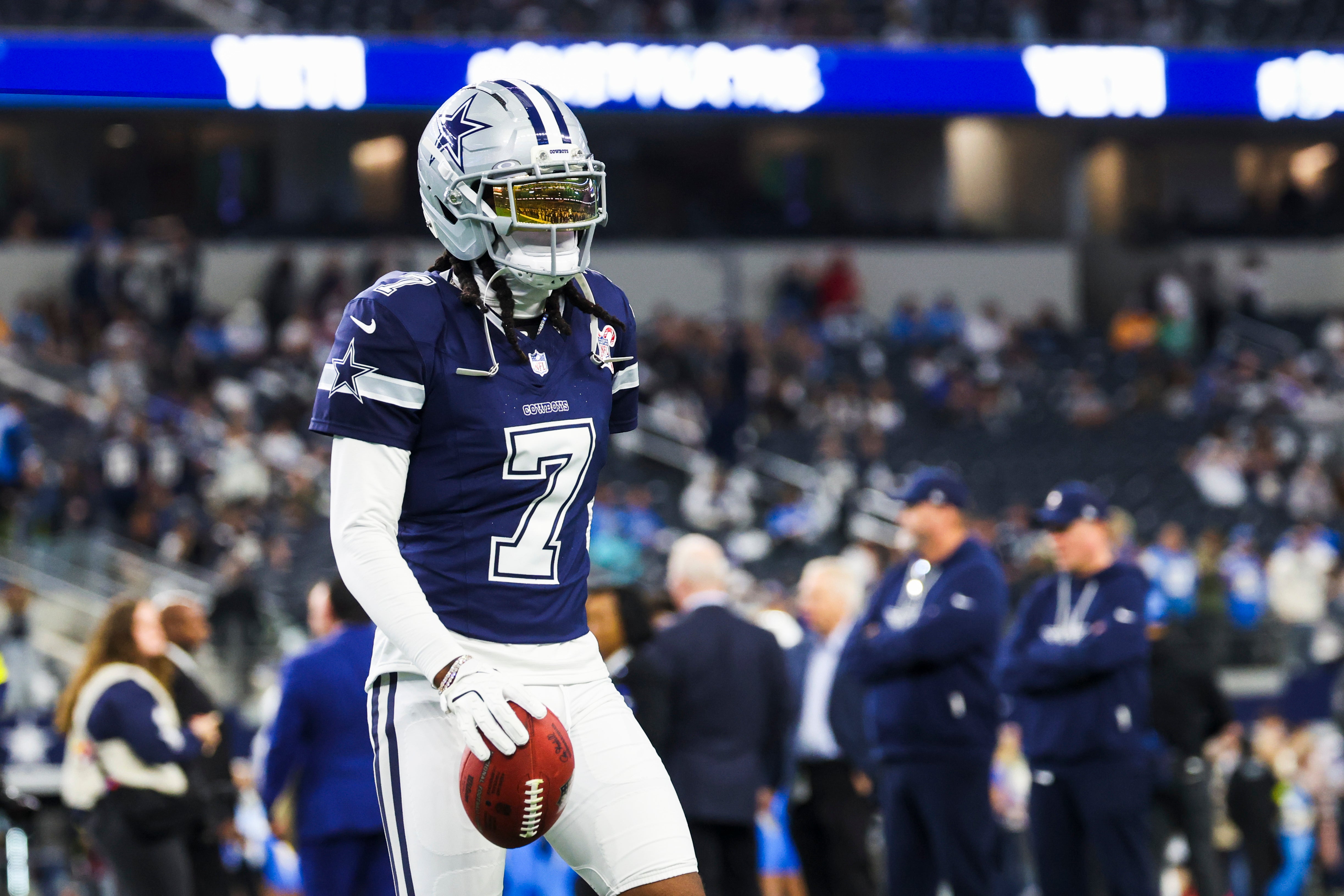 Dec 21, 2025; Arlington, Texas, USA; Dallas Cowboys cornerback Trevon Diggs (7) participates in pregame warmups against the Los Angeles Chargers at AT&T Stadium.