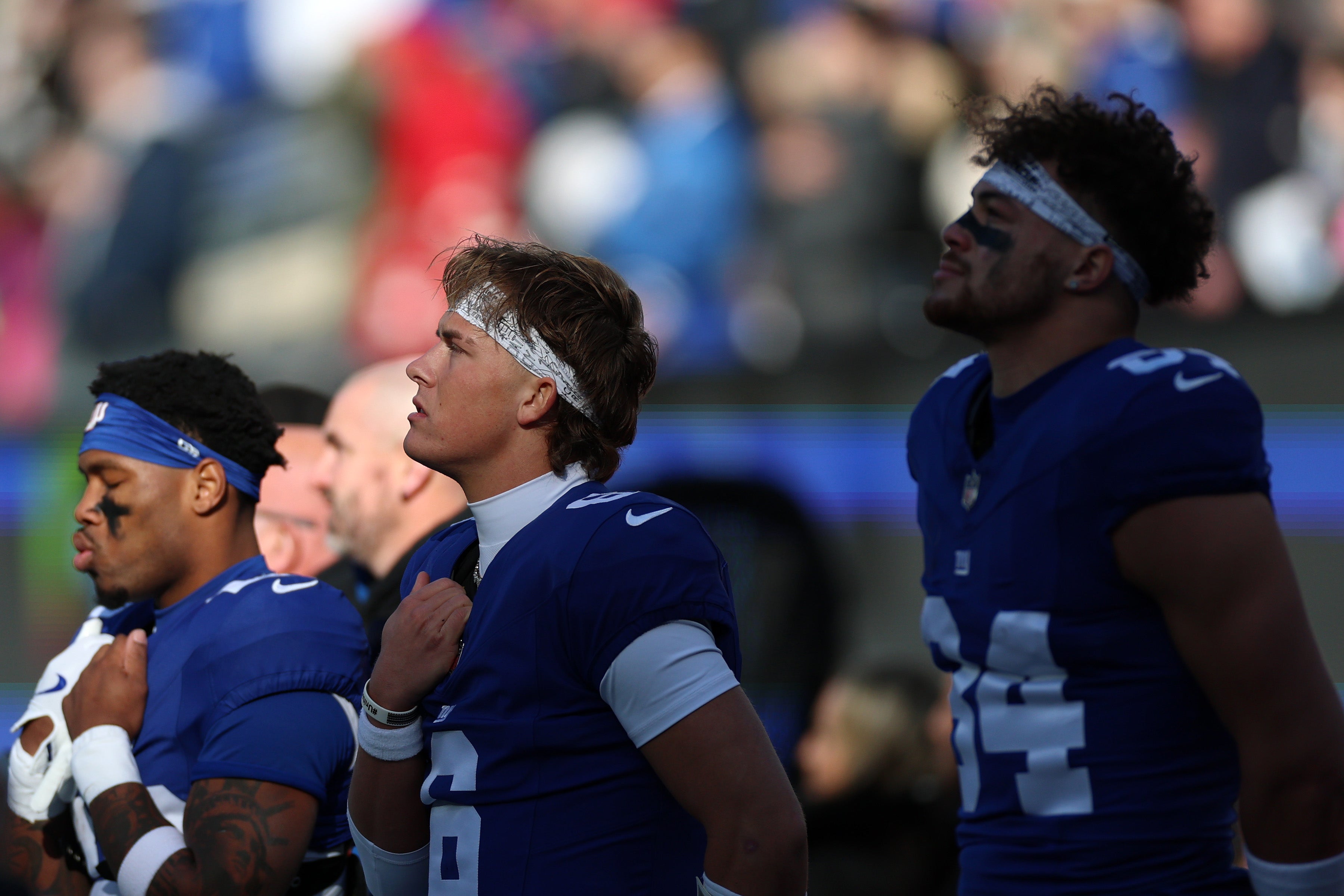 Dec 21, 2025; East Rutherford, New Jersey, USA; New York Giants quarterback Jaxson Dart (6) before the game at MetLife Stadium.