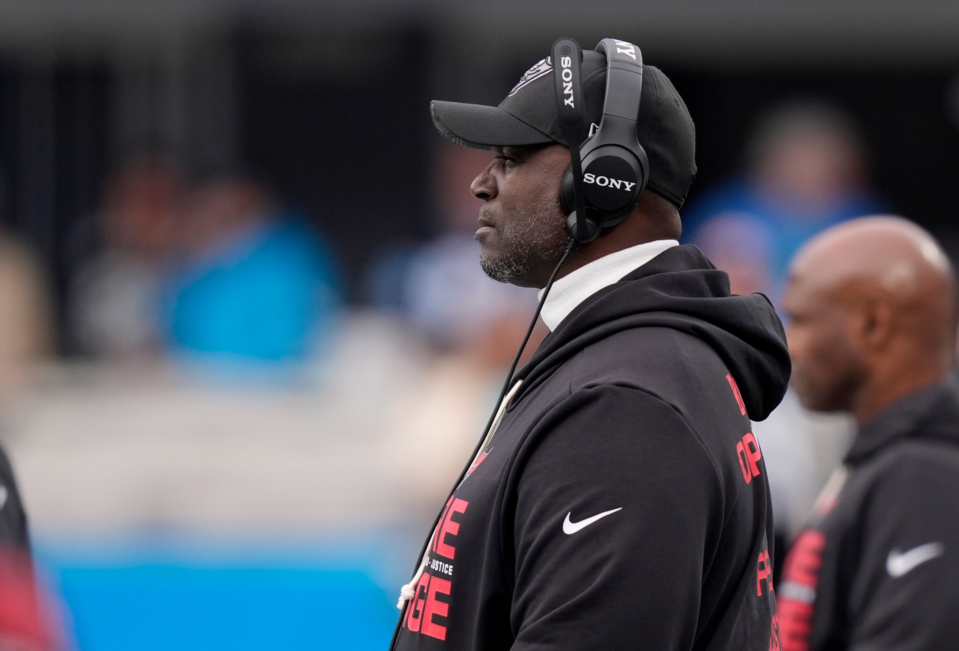 Dec 21, 2025; Charlotte, North Carolina, USA; Tampa Bay Buccaneers head coach Todd Bowles during the first half against the Carolina Panthers at Bank of America Stadium.