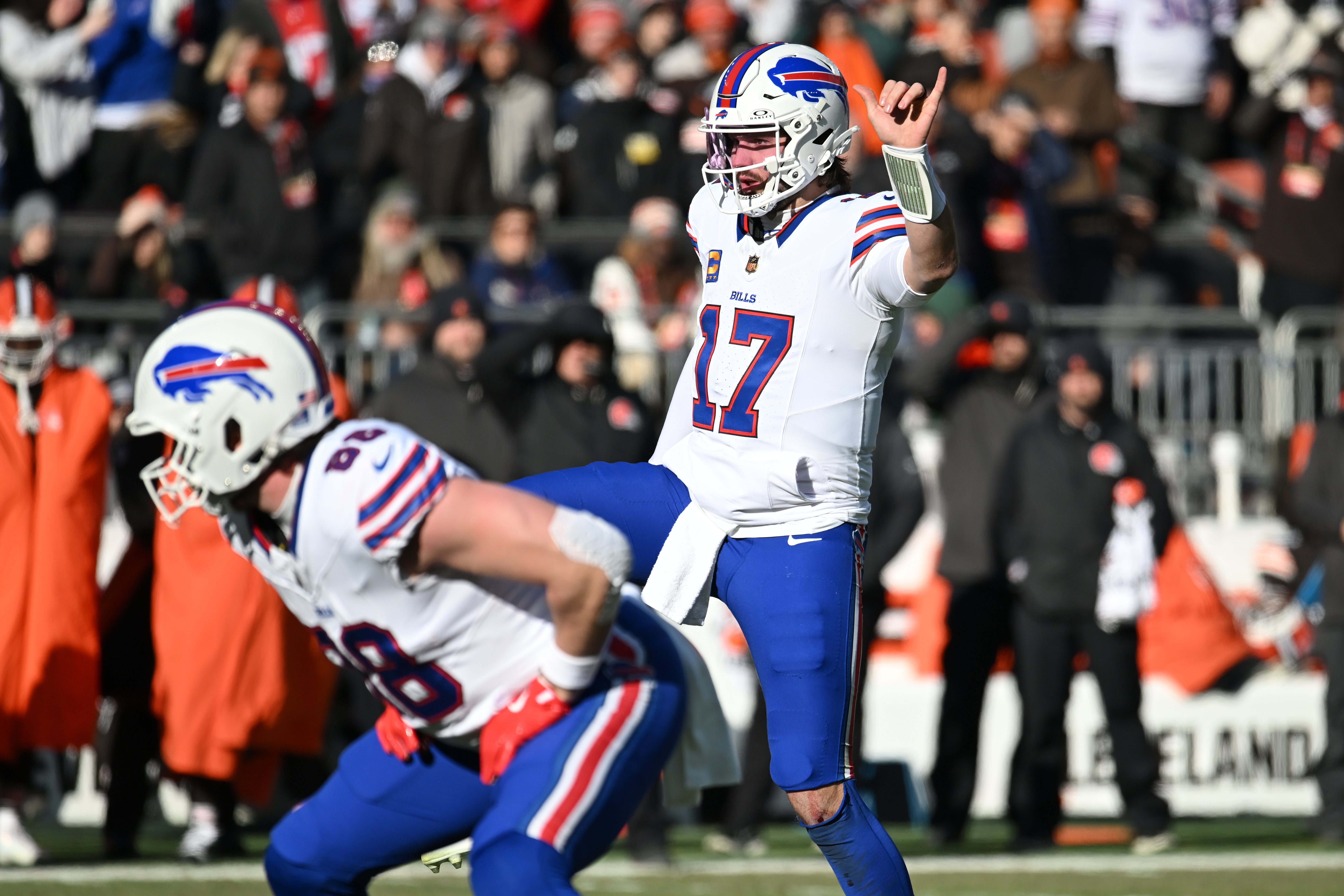 Dec 21, 2025; Cleveland, Ohio, USA; Buffalo Bills quarterback Josh Allen (17) calls out signals against the Cleveland Browns during the first half at Huntington Bank Field.