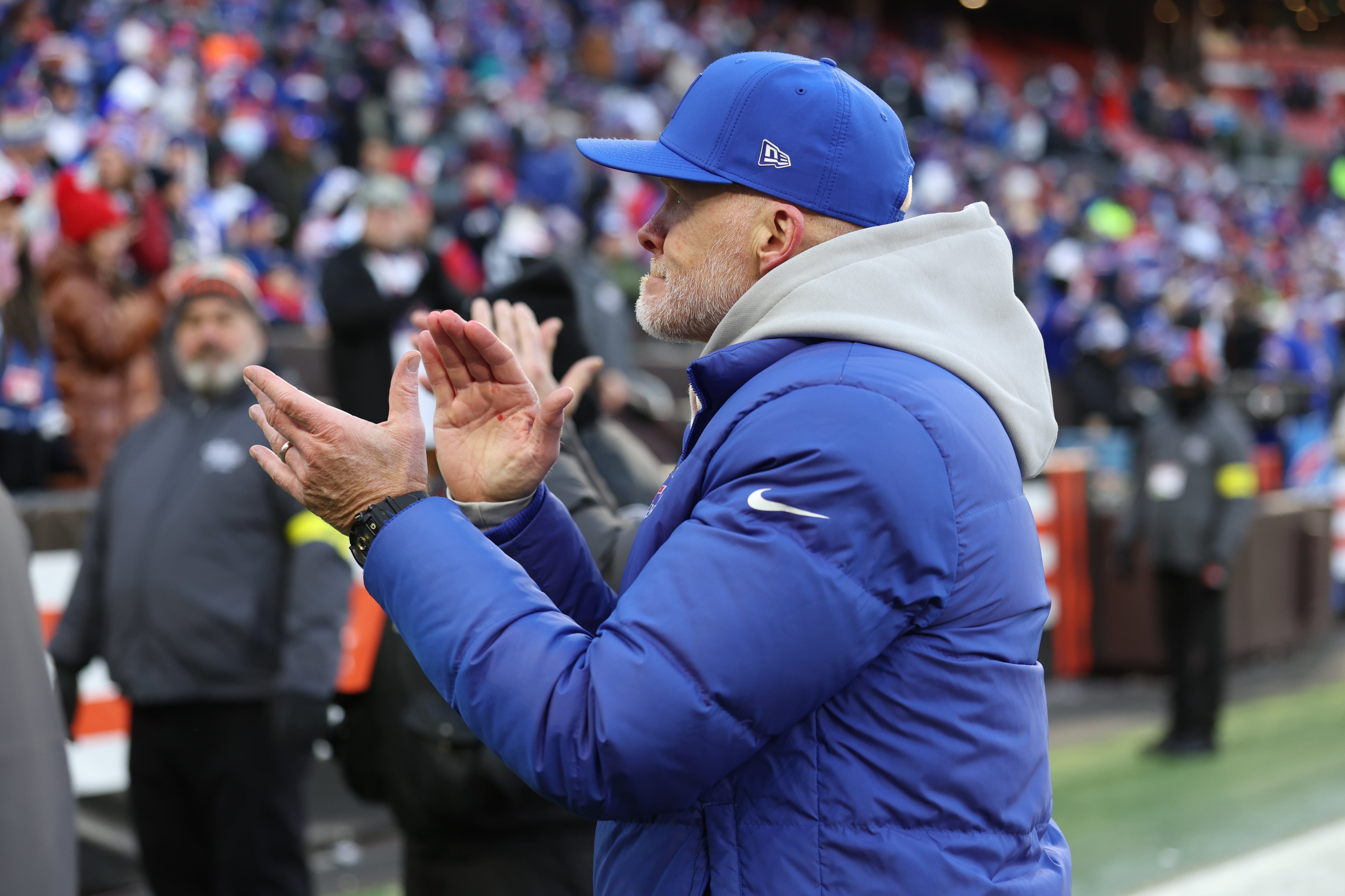 Dec 21, 2025; Cleveland, Ohio, USA; Buffalo Bills head coach Sean McDermott claps as he leaves the field following an game against the Cleveland Browns at Huntington Bank Field.
