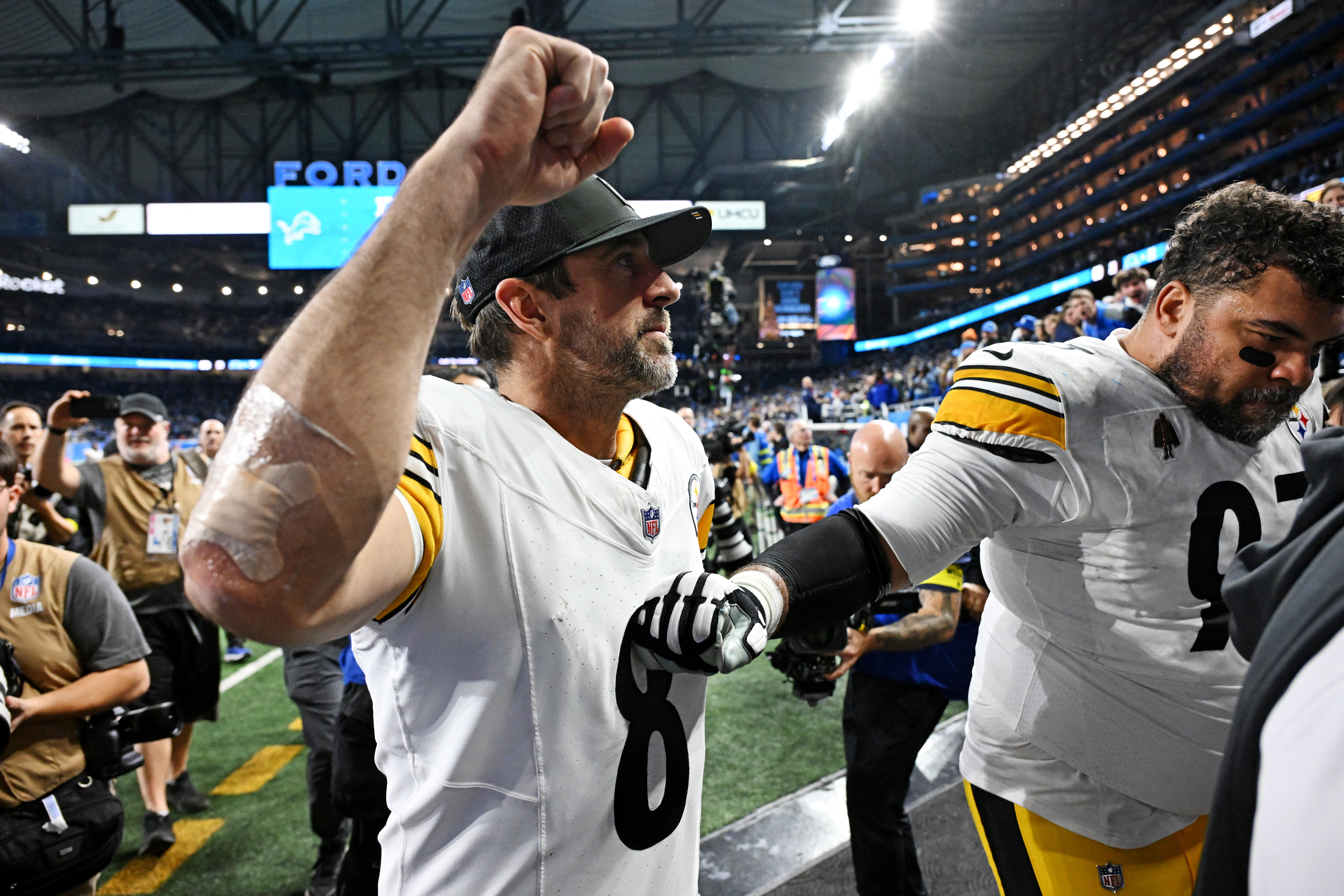 Dec 21, 2025; Detroit, Michigan, USA; Pittsburgh Steelers quarterback Aaron Rodgers (8) celebrates after their win against the Detroit Lions at Ford Field.