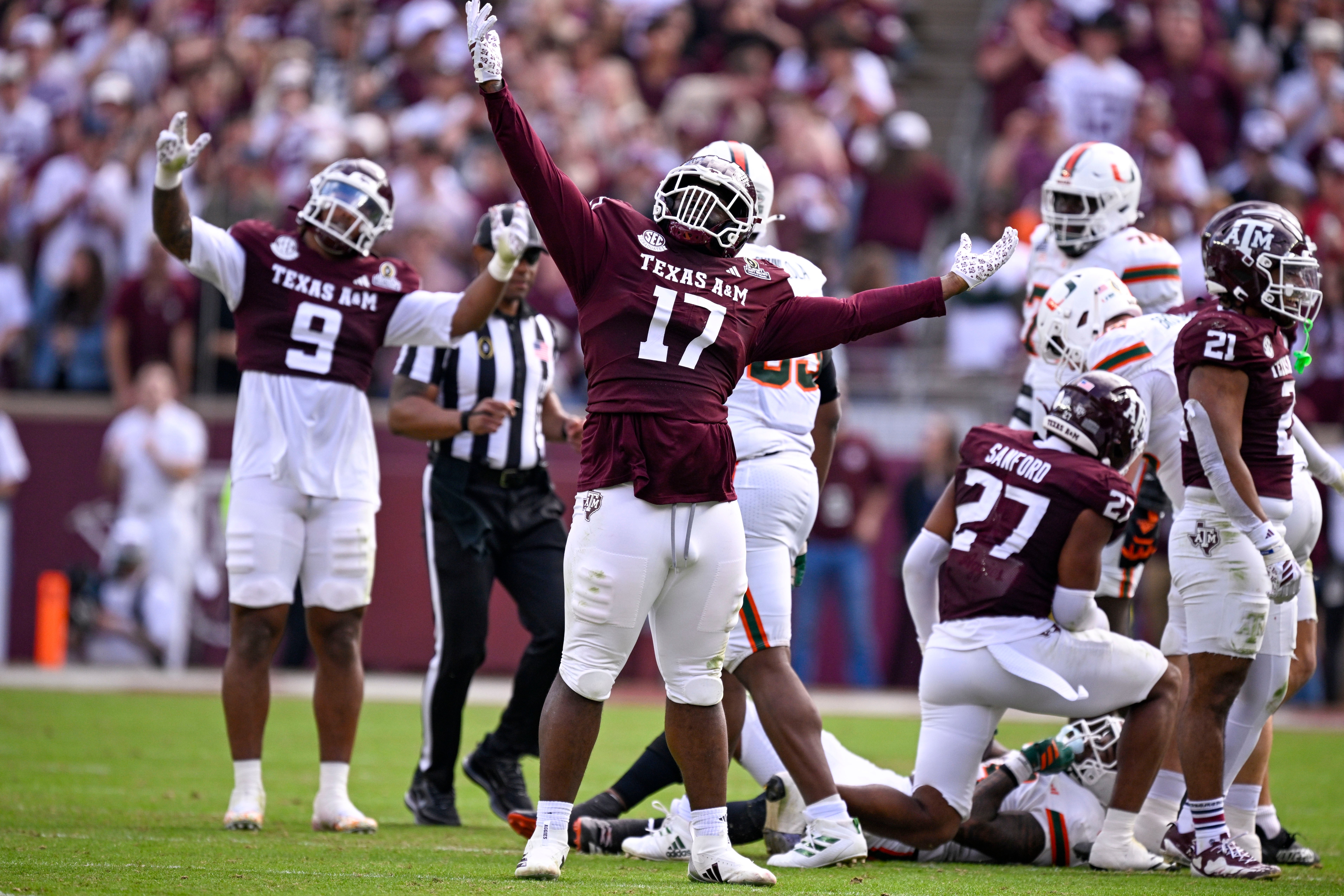 Dec 20, 2025; College Station, TX, USA; Texas A&M Aggies defensive tackle Albert Regis (17) celebrates during the game between the Aggies and the Hurricanes at Kyle Field.