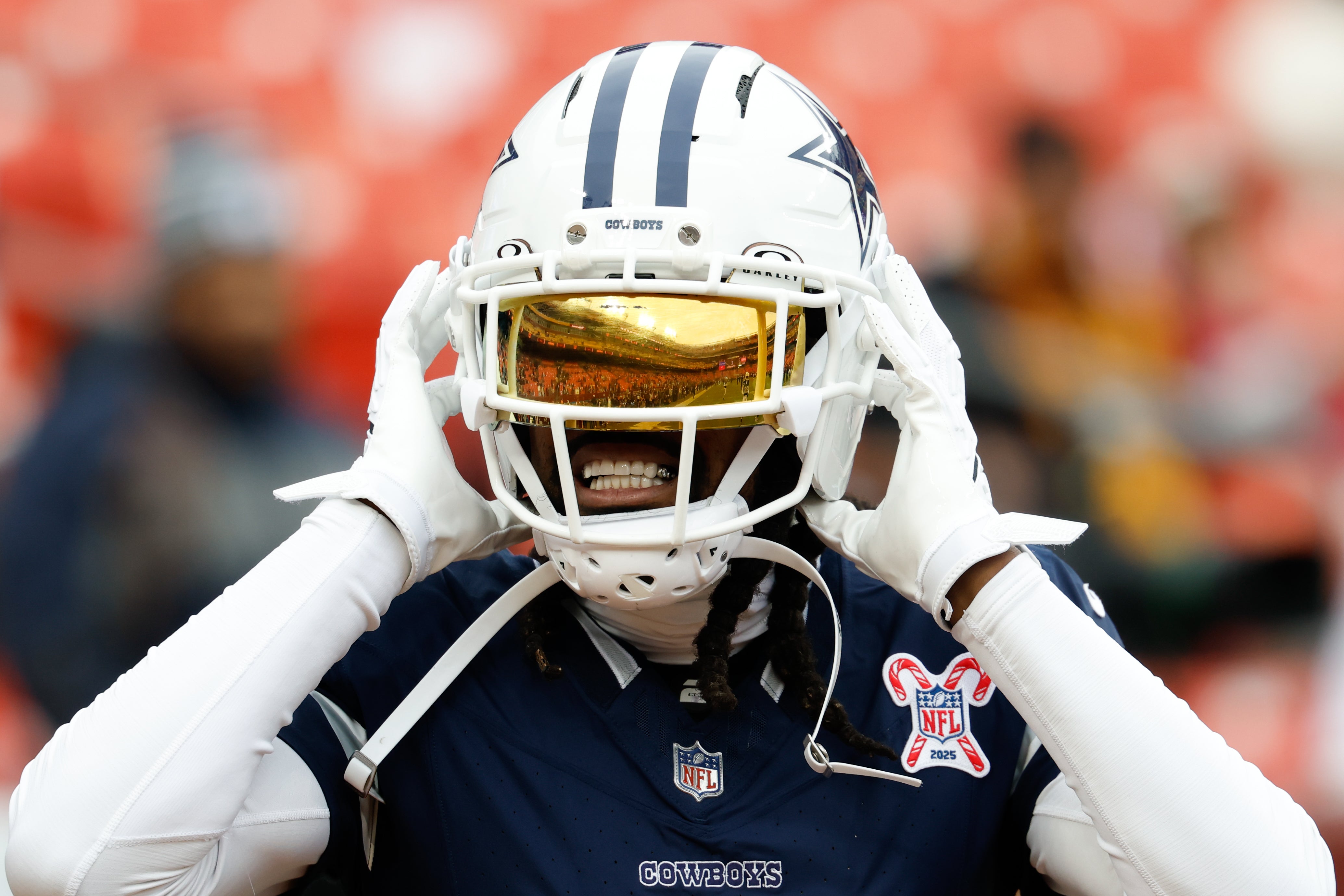 Dec 25, 2025; Landover, Maryland, USA; Dallas Cowboys cornerback Trevon Diggs (7) looks on during warmups before the game against the Washington Commanders at Northwest Stadium.