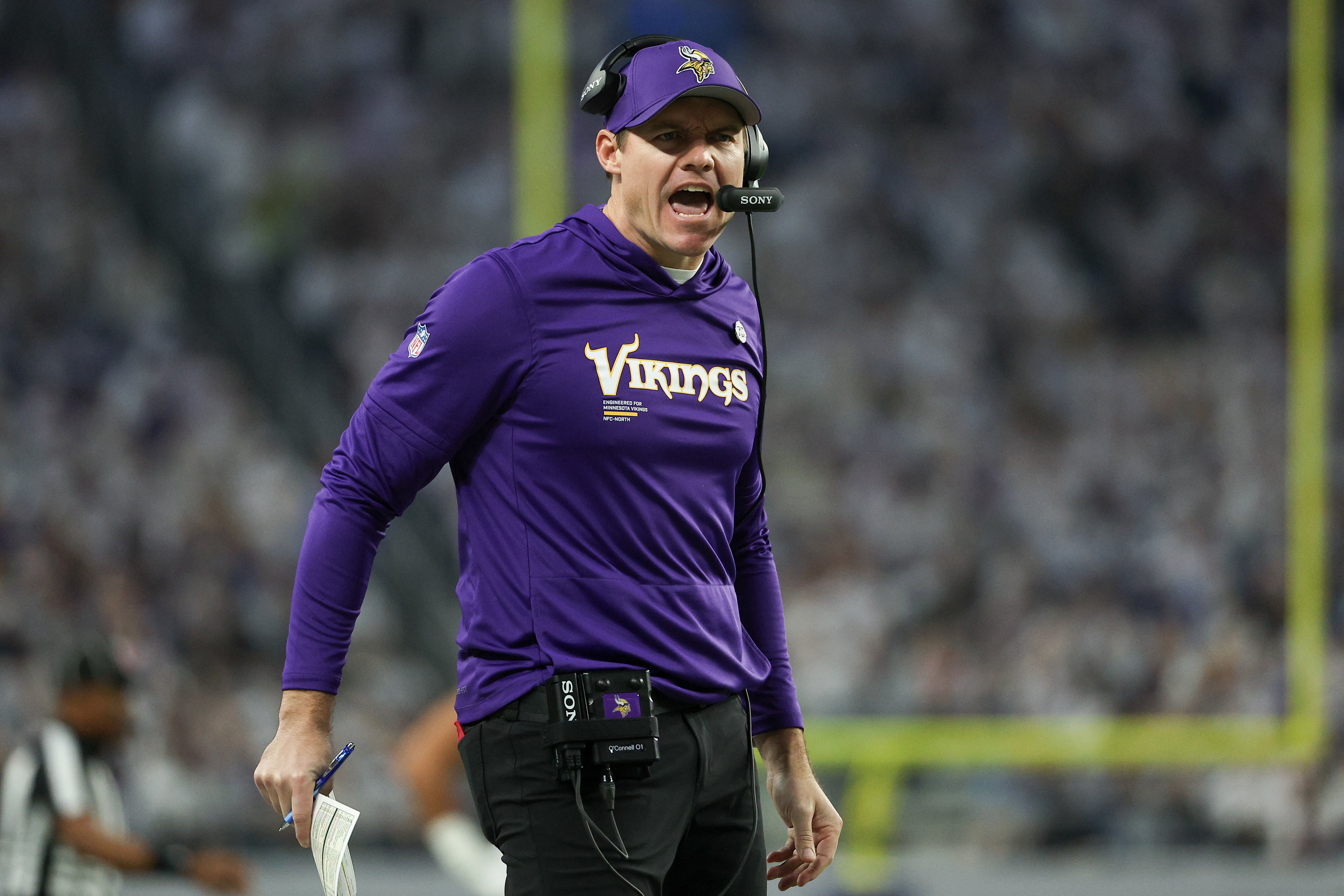 Dec 25, 2025; Minneapolis, Minnesota, USA; Minnesota Vikings head coach Kevin O'Connell reacts after a play against the Detroit Lions in the first quarter at U.S. Bank Stadium.