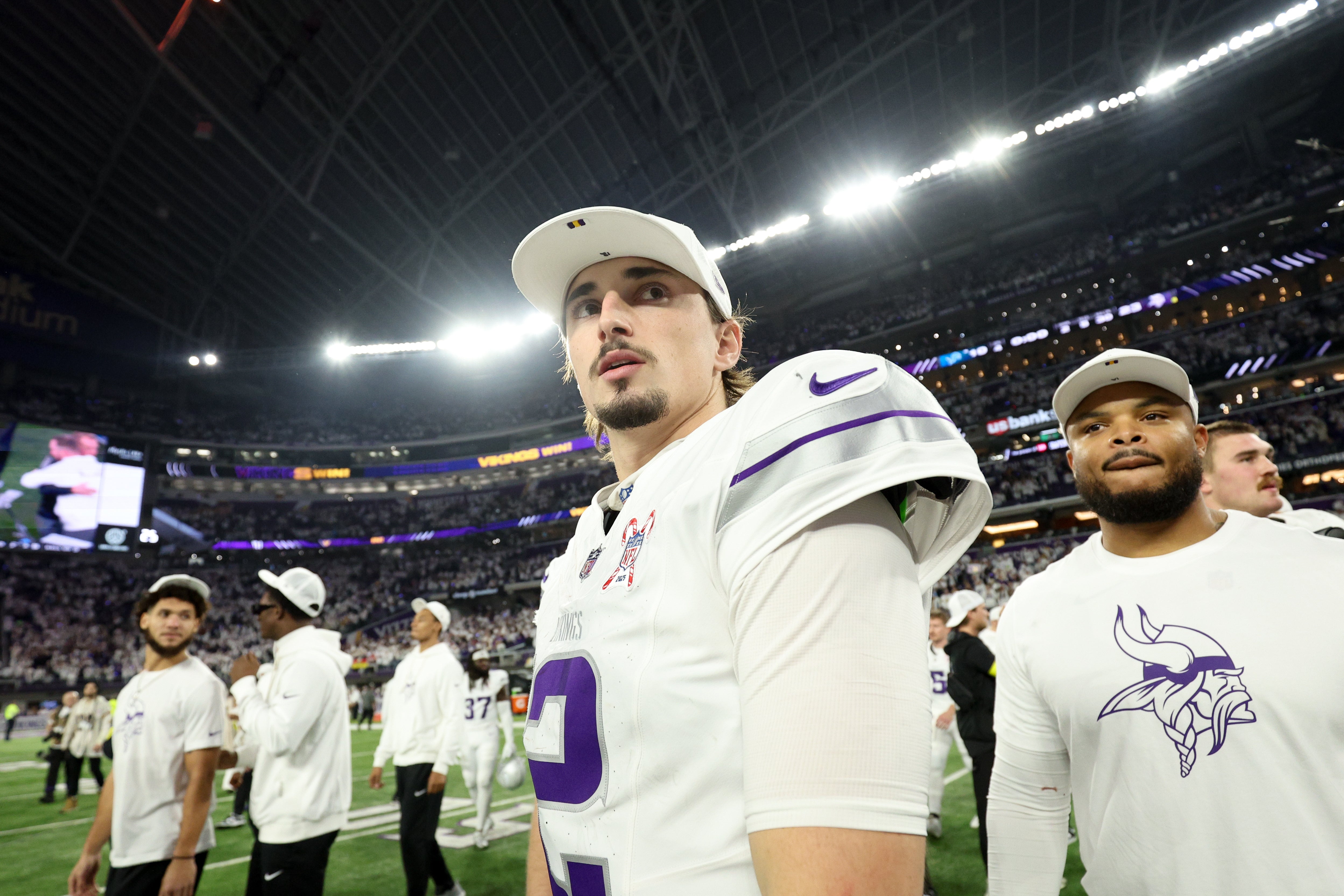 Dec 25, 2025; Minneapolis, Minnesota, USA; Minnesota Vikings quarterback Max Brosmer (12) looks on after the game against the Detroit Lions at U.S. Bank Stadium.