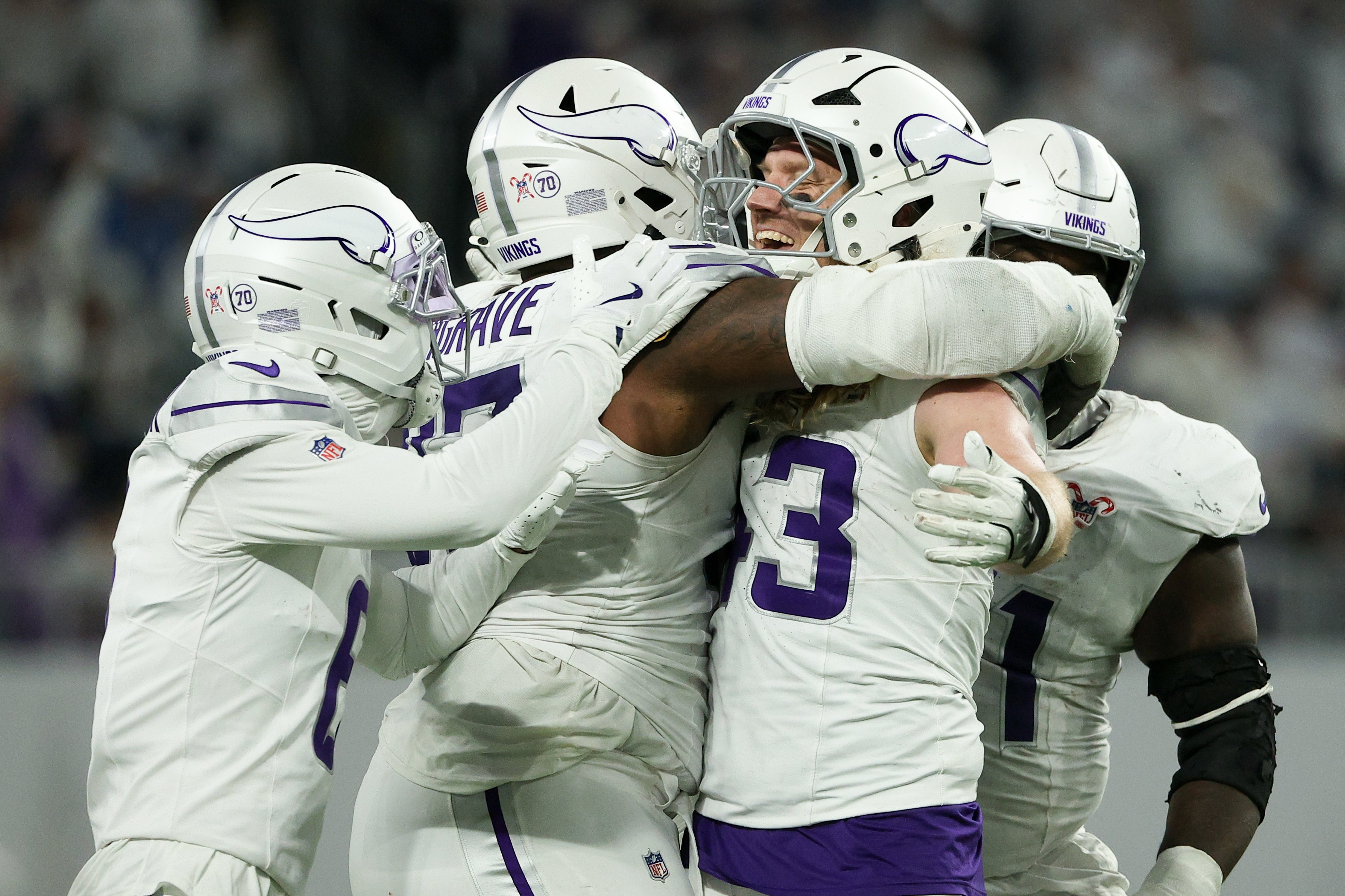 Dec 25, 2025; Minneapolis, Minnesota, USA; Minnesota Vikings linebacker Andrew van Ginkel (43) celebrates recovering a fumble by against the Detroit Lions in the fourth quarter at U.S. Bank Stadium.