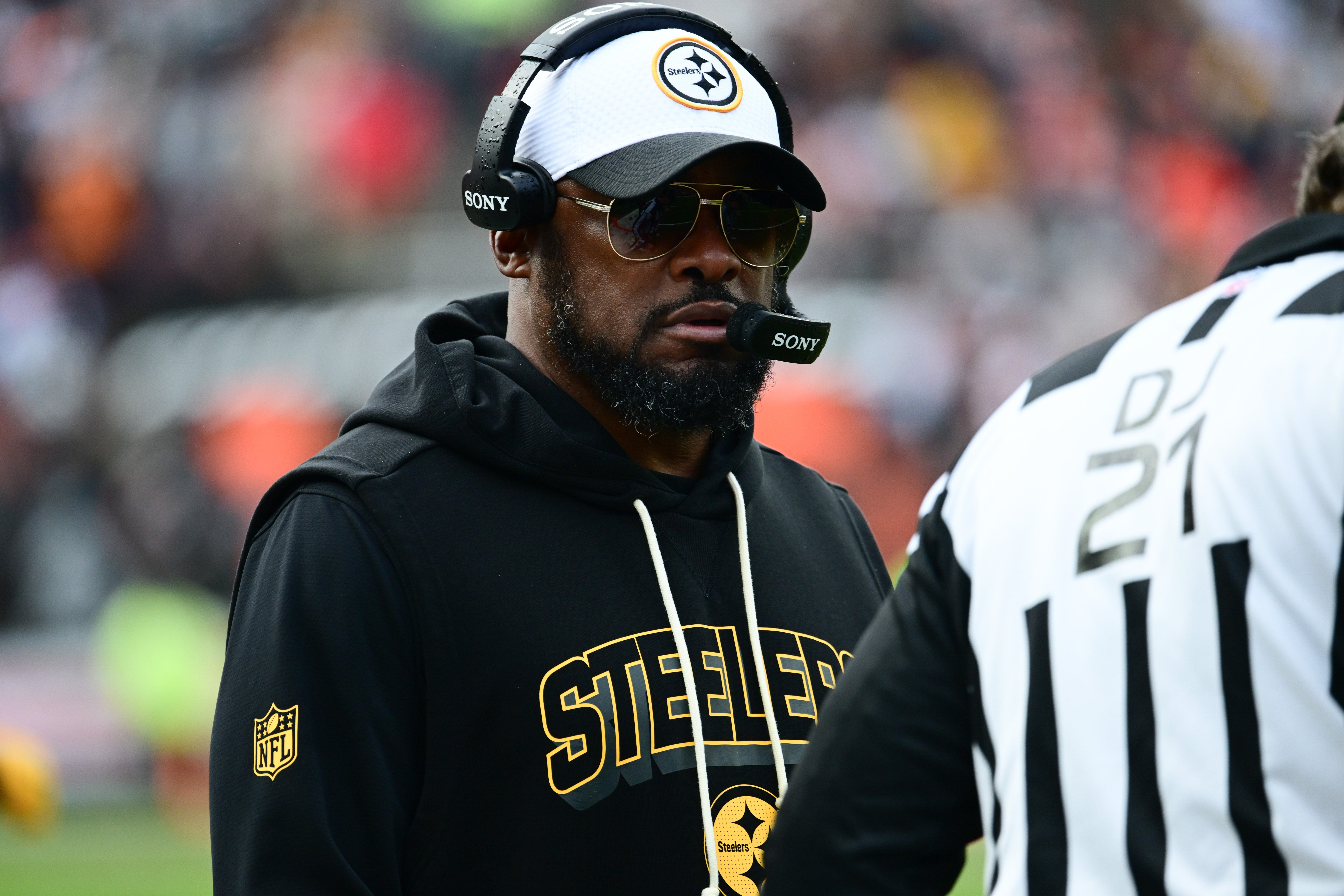 Dec 28, 2025; Cleveland, Ohio, USA; Pittsburgh Steelers head coach Mike Tomlin looks on during the second quarter against the Cleveland Browns at Huntington Bank Field.