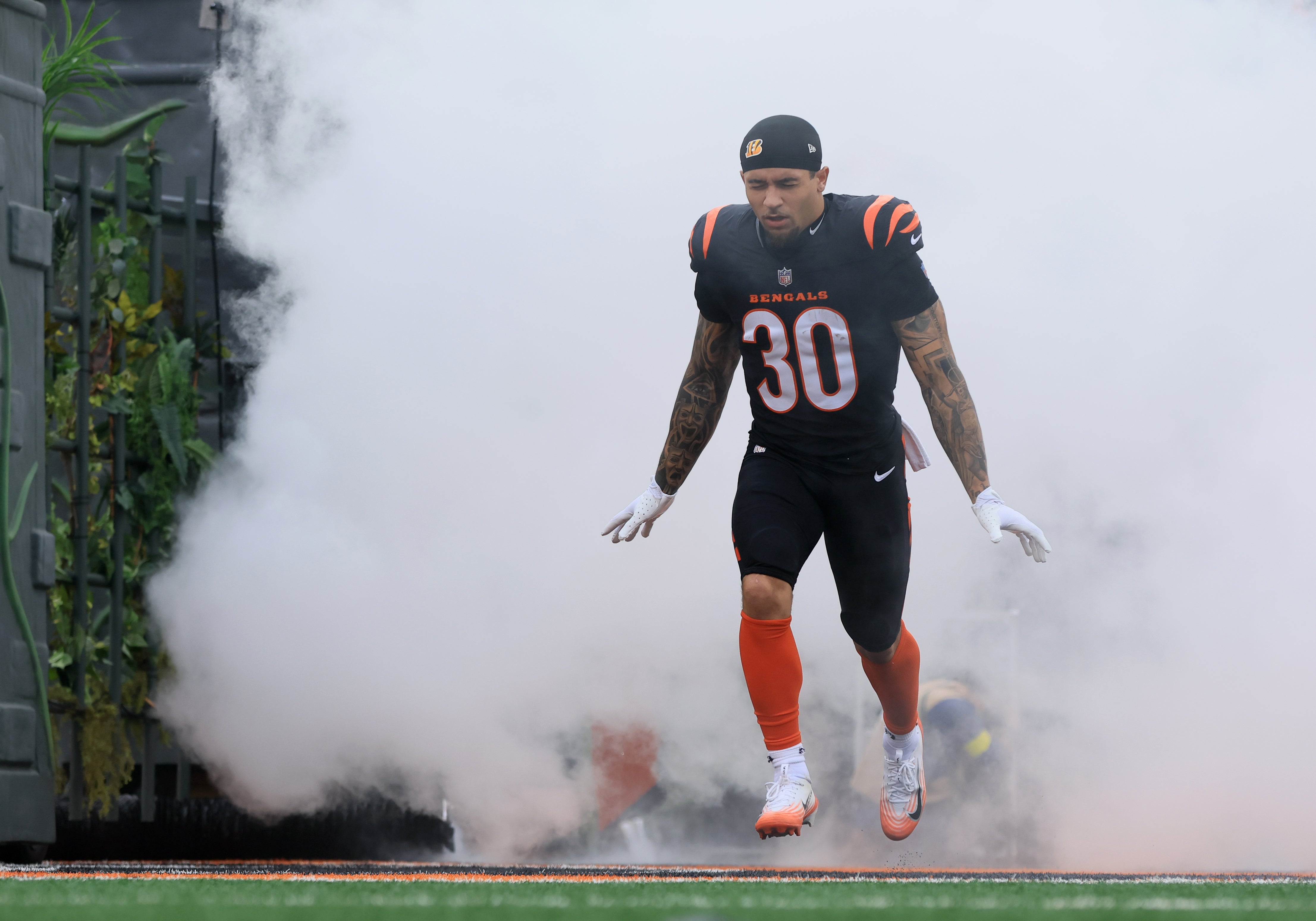 Dec 28, 2025; Cincinnati, Ohio, USA; Cincinnati Bengals running back Chase Brown (30) is introduced before a game against the Arizona Cardinals at Paycor Stadium.
