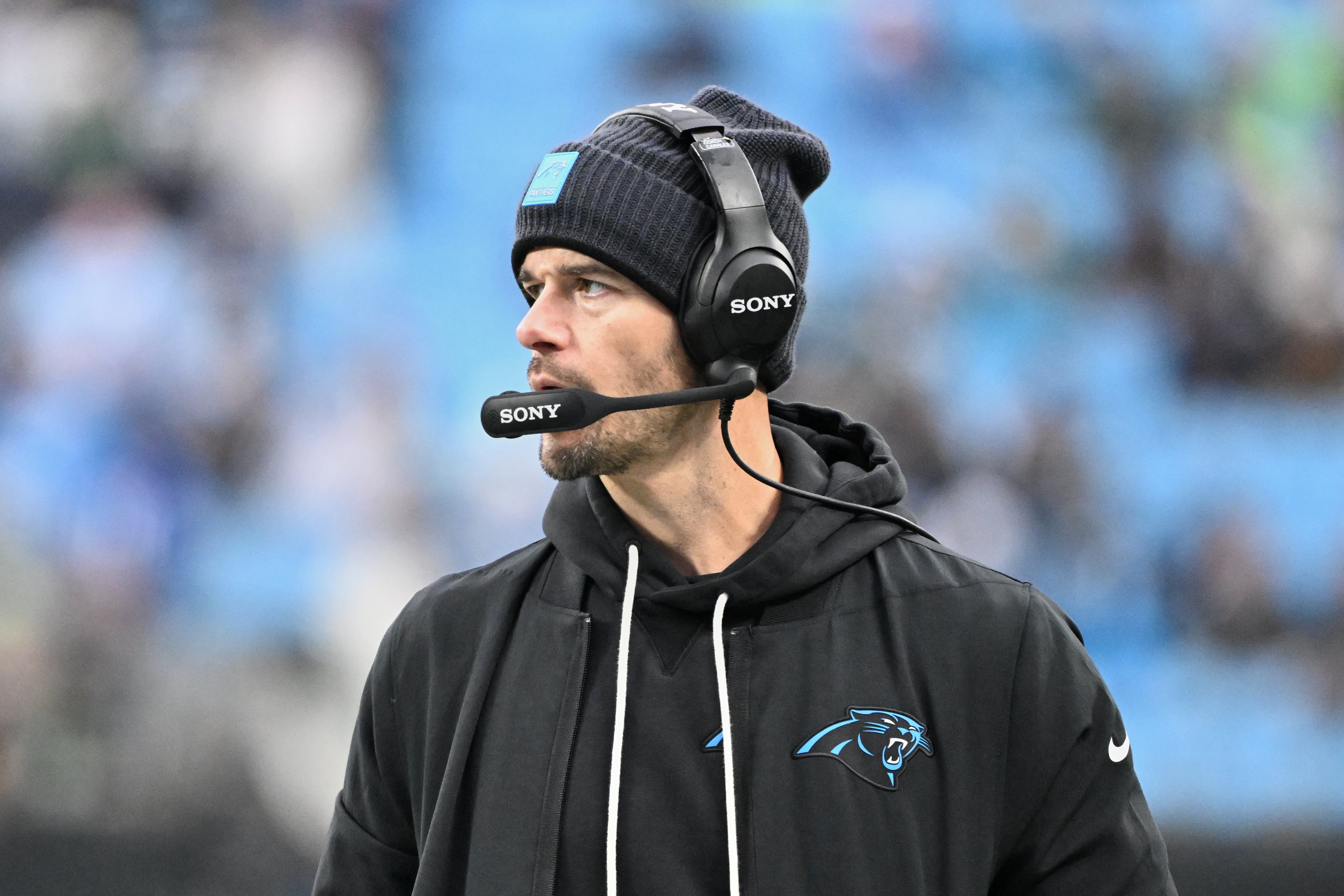 Dec 28, 2025; Charlotte, North Carolina, USA; Carolina Panthers head coach Dave Canales looks on against the Seattle Seahawks during the fourth quarter at Bank of America Stadium.