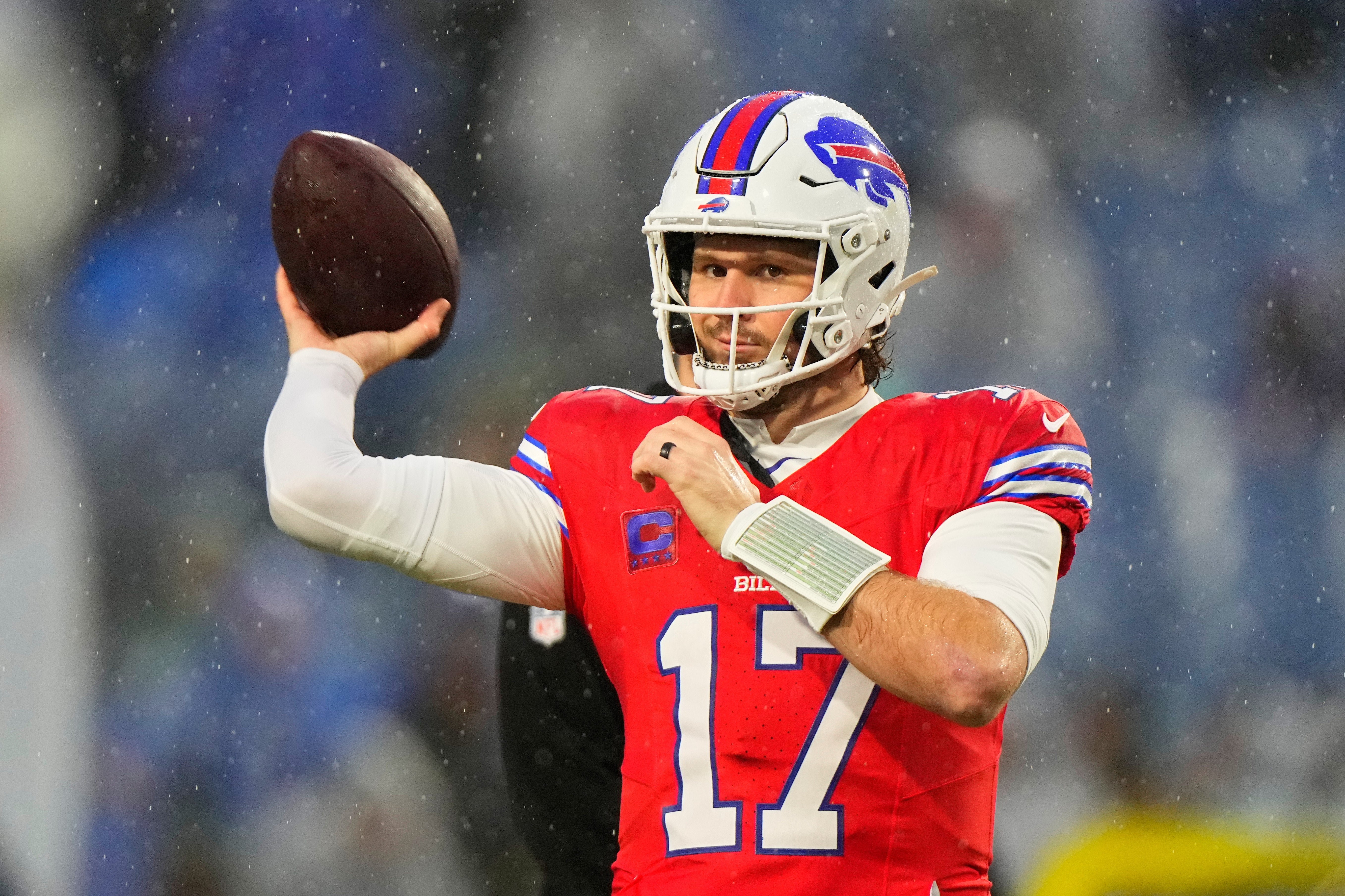 Dec 28, 2025; Orchard Park, New York, USA; Buffalo Bills quarterback Josh Allen (17) warms up before the game against the Philadelphia Eagles at Highmark Stadium.