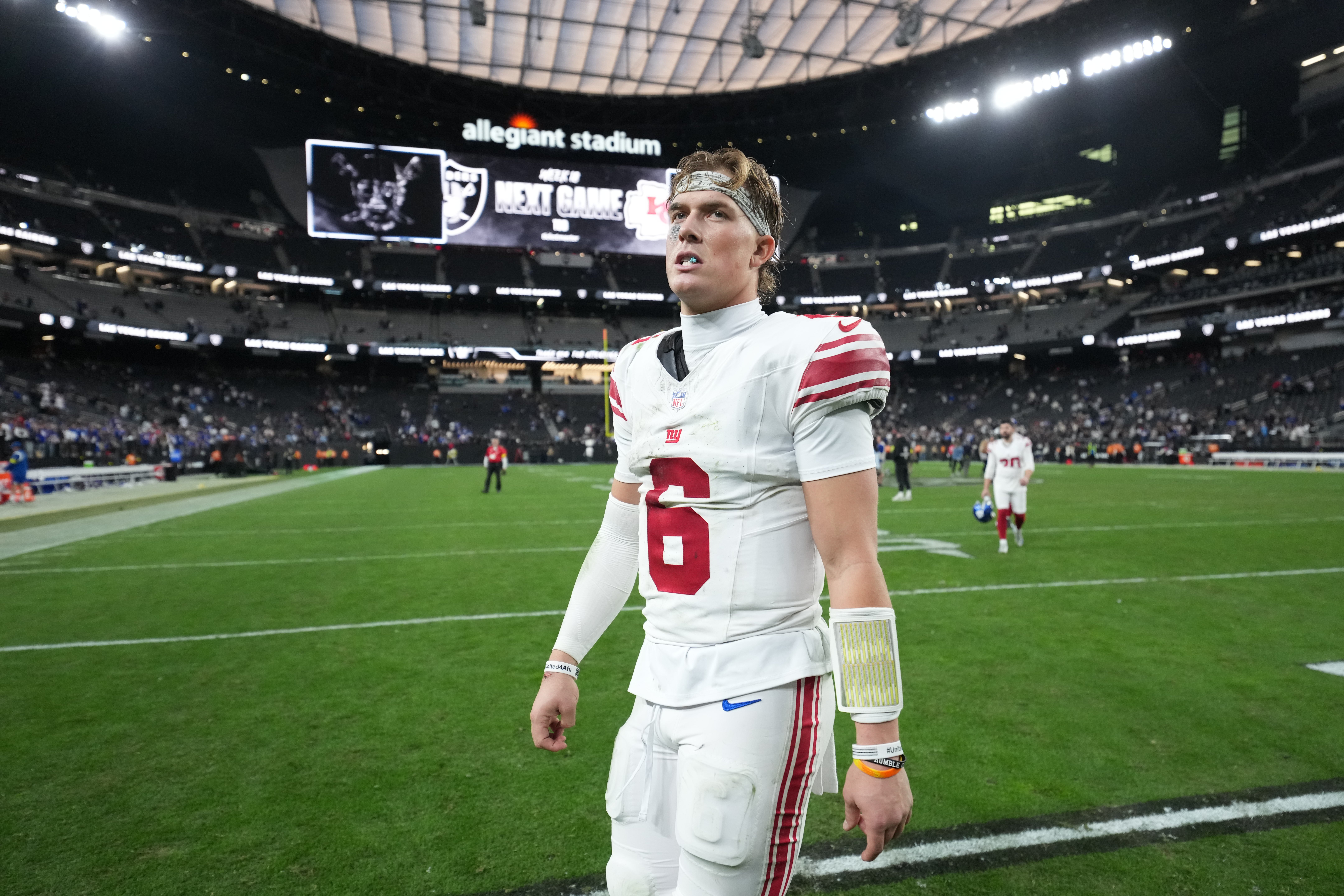 Dec 28, 2025; Paradise, Nevada, USA; New York Giants quarterback Jaxson Dart (6) looks on after the game against the Las Vegas Raiders at Allegiant Stadium.