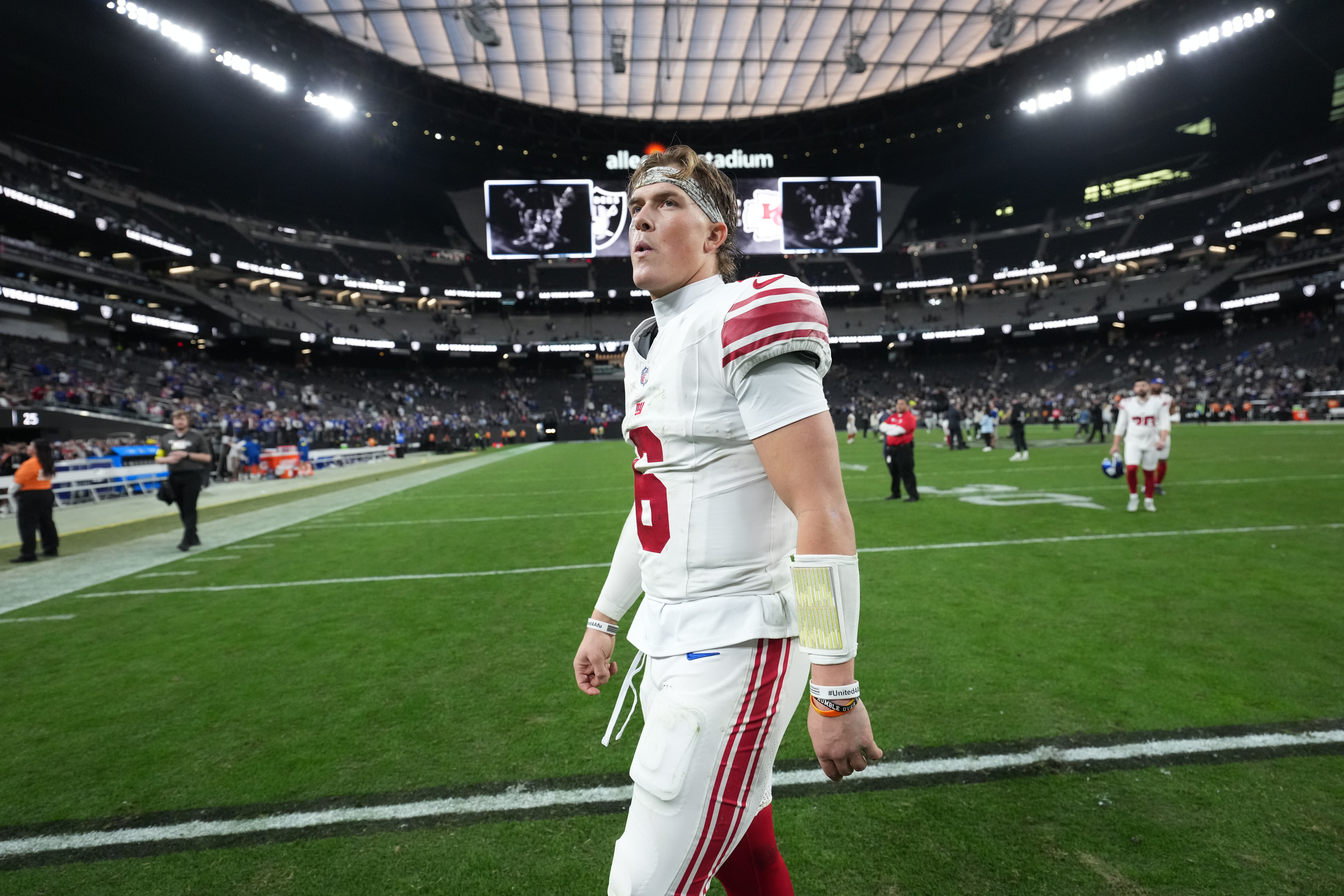 Dec 28, 2025; Paradise, Nevada, USA; New York Giants quarterback Jaxson Dart (6) looks on after the game against the Las Vegas Raiders at Allegiant Stadium.