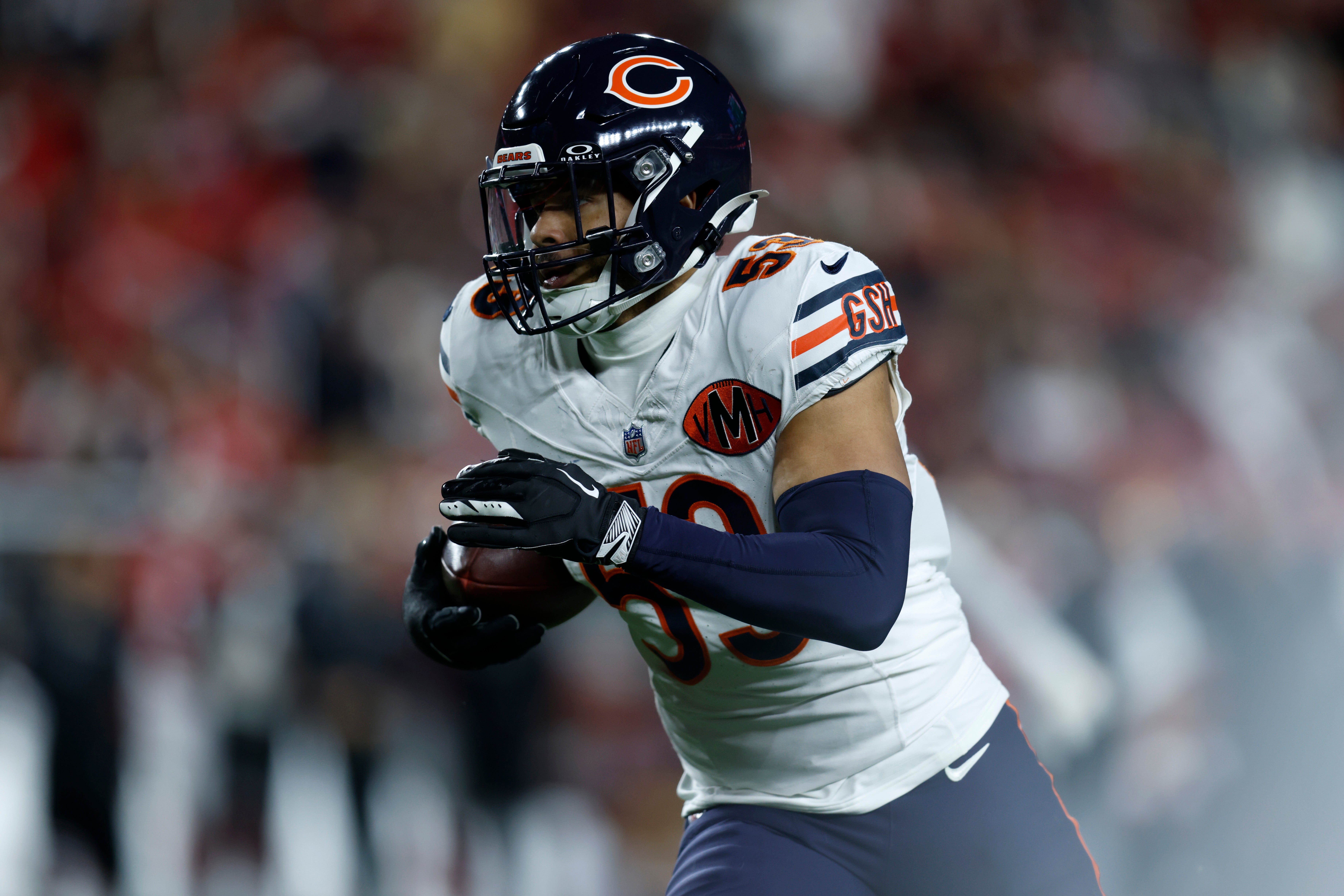Dec 28, 2025; Santa Clara, California, USA; Chicago Bears linebacker T.J. Edwards (53) runs after an interception against the San Francisco 49ers in the first half at Levi's Stadium.