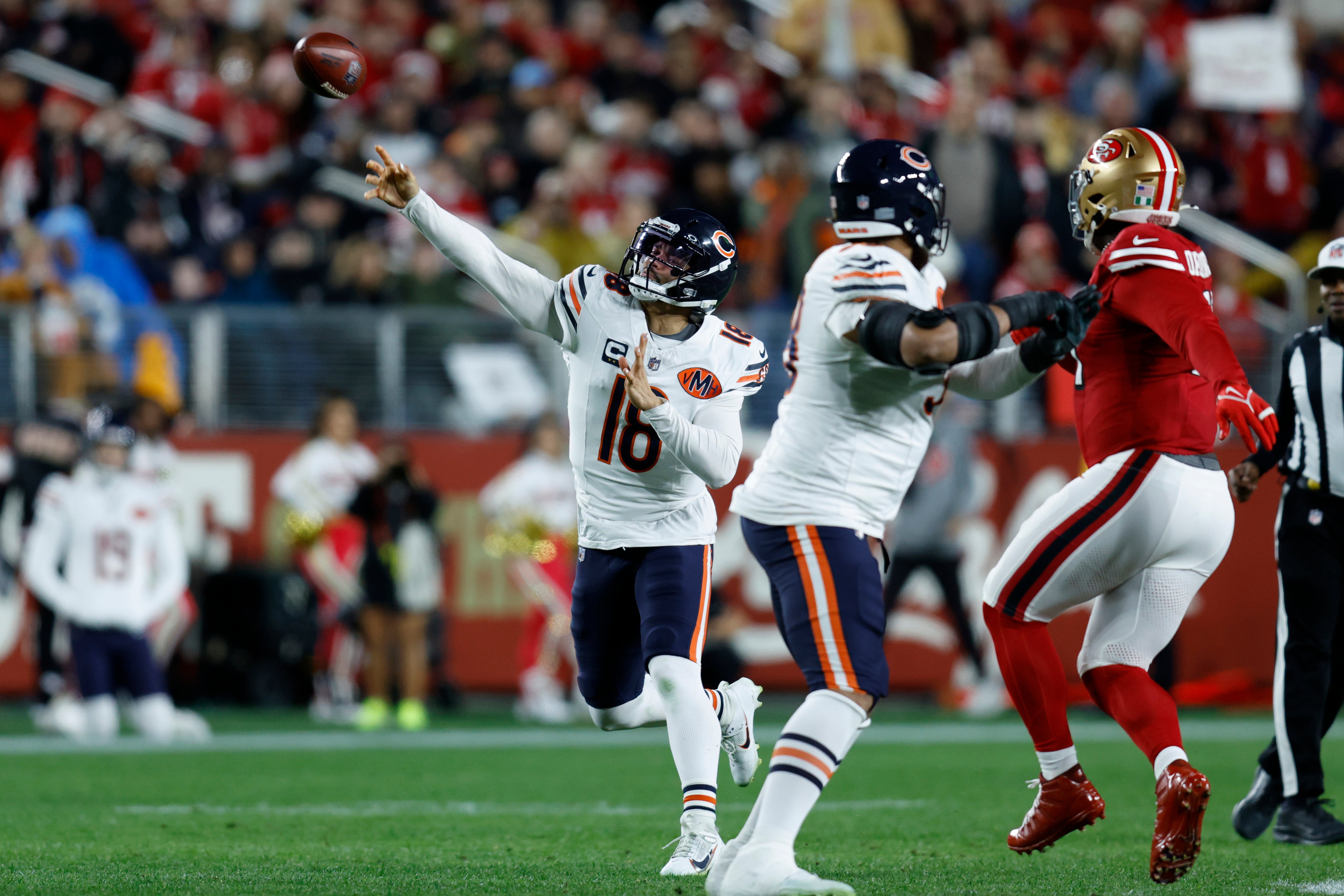 Dec 28, 2025; Santa Clara, California, USA; Chicago Bears quarterback Caleb Williams (18) passes against the San Francisco 49ers in the first half at Levi's Stadium.